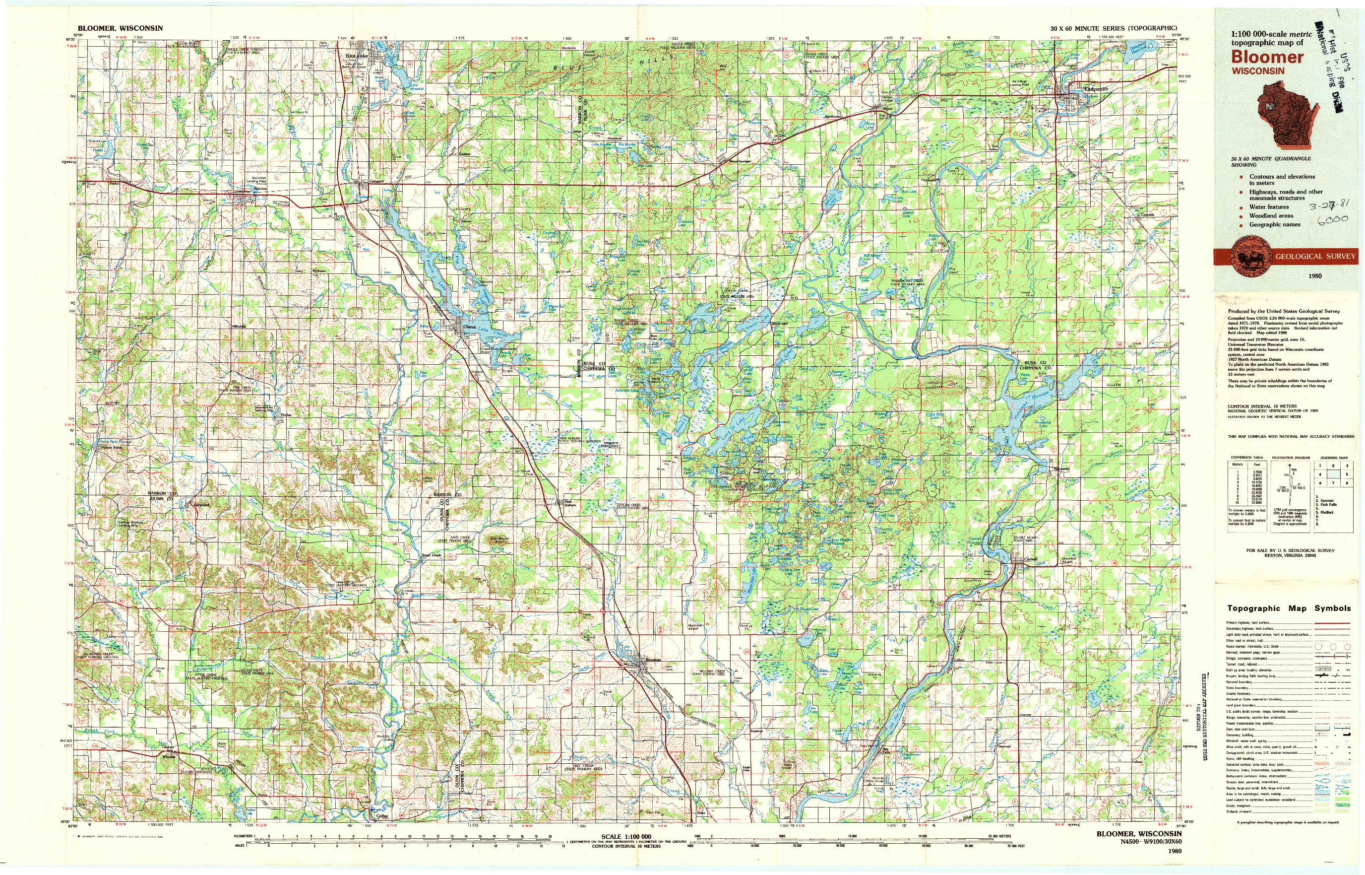 USGS 1:100000-SCALE QUADRANGLE FOR BLOOMER, WI 1980