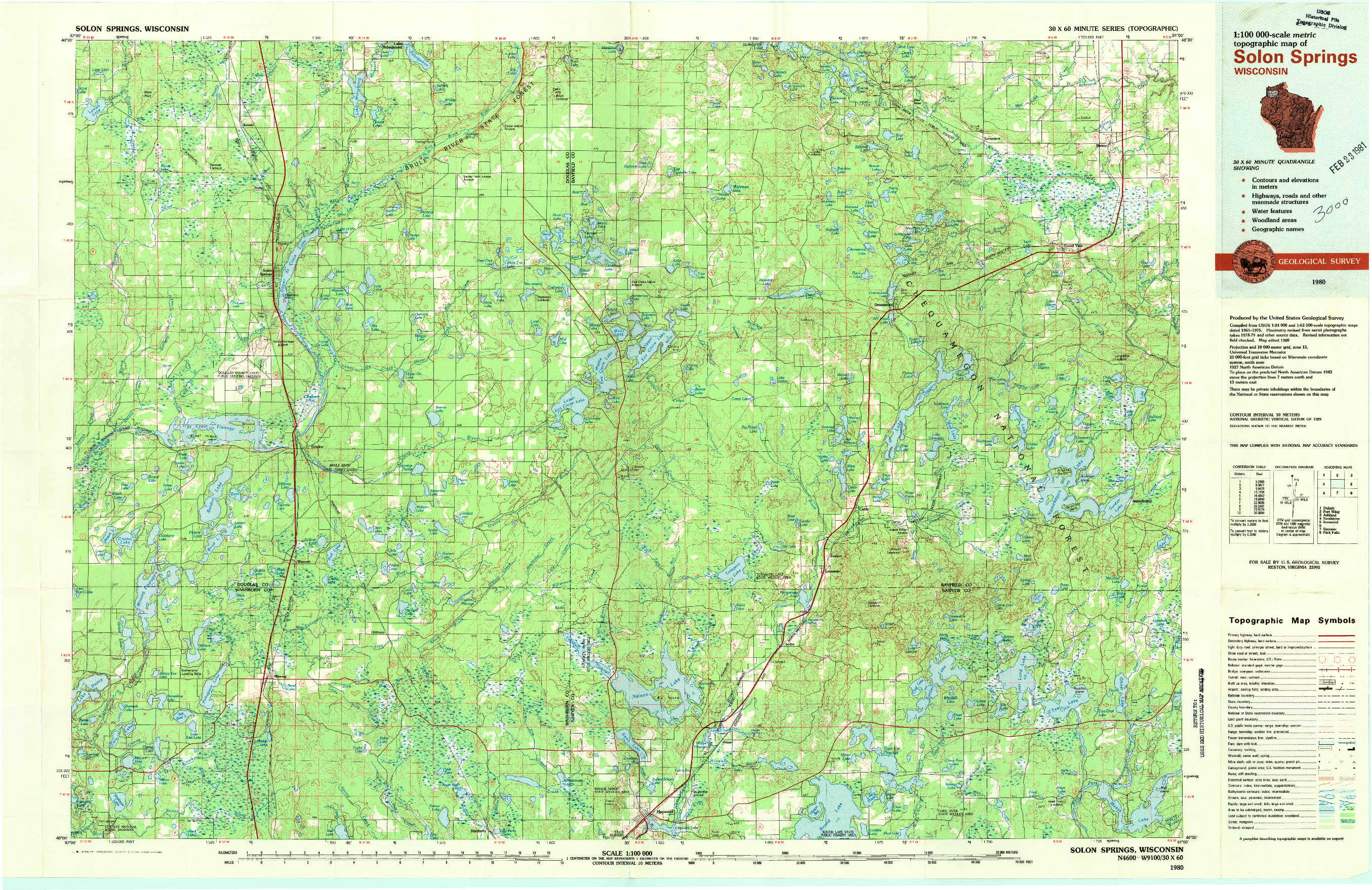 USGS 1:100000-SCALE QUADRANGLE FOR SOLON SPRINGS, WI 1980