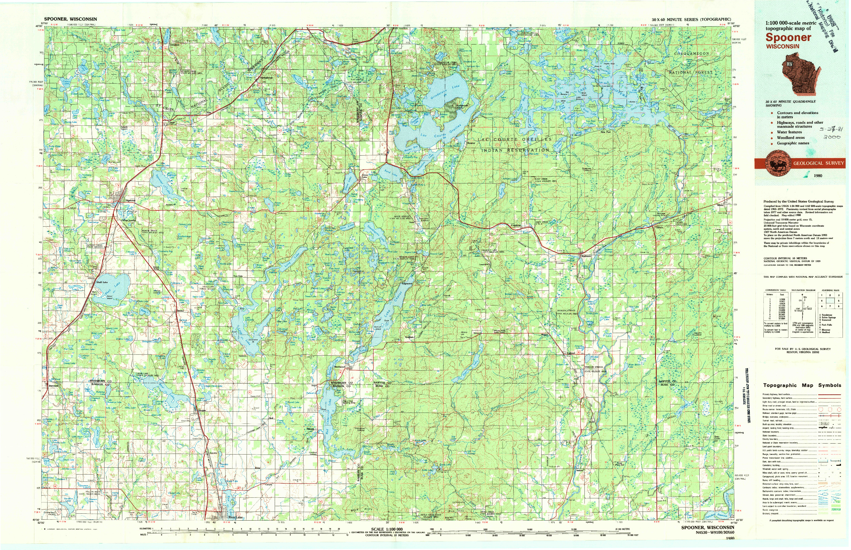 USGS 1:100000-SCALE QUADRANGLE FOR SPOONER, WI 1980