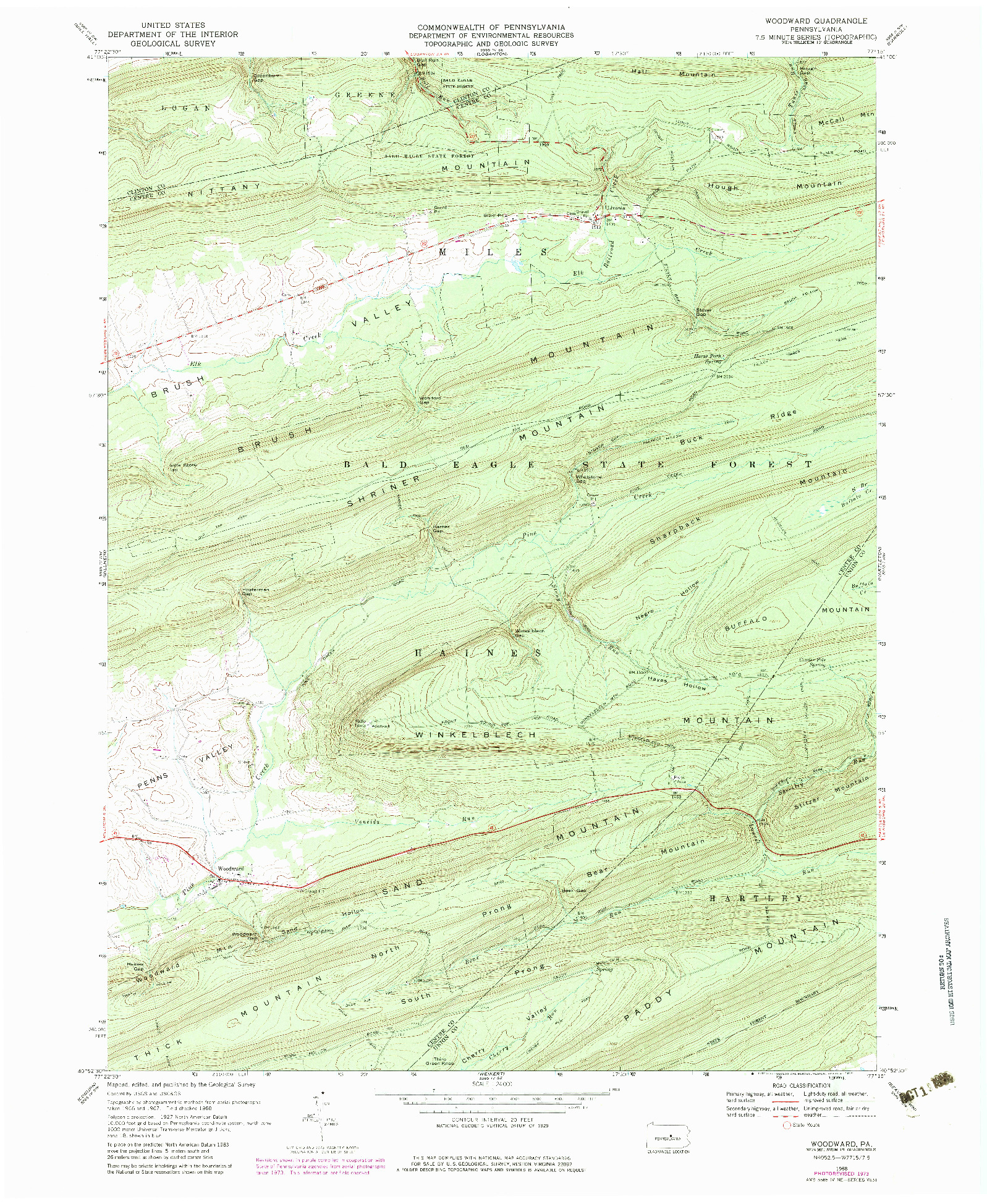 USGS 1:24000-SCALE QUADRANGLE FOR WOODWARD, PA 1968