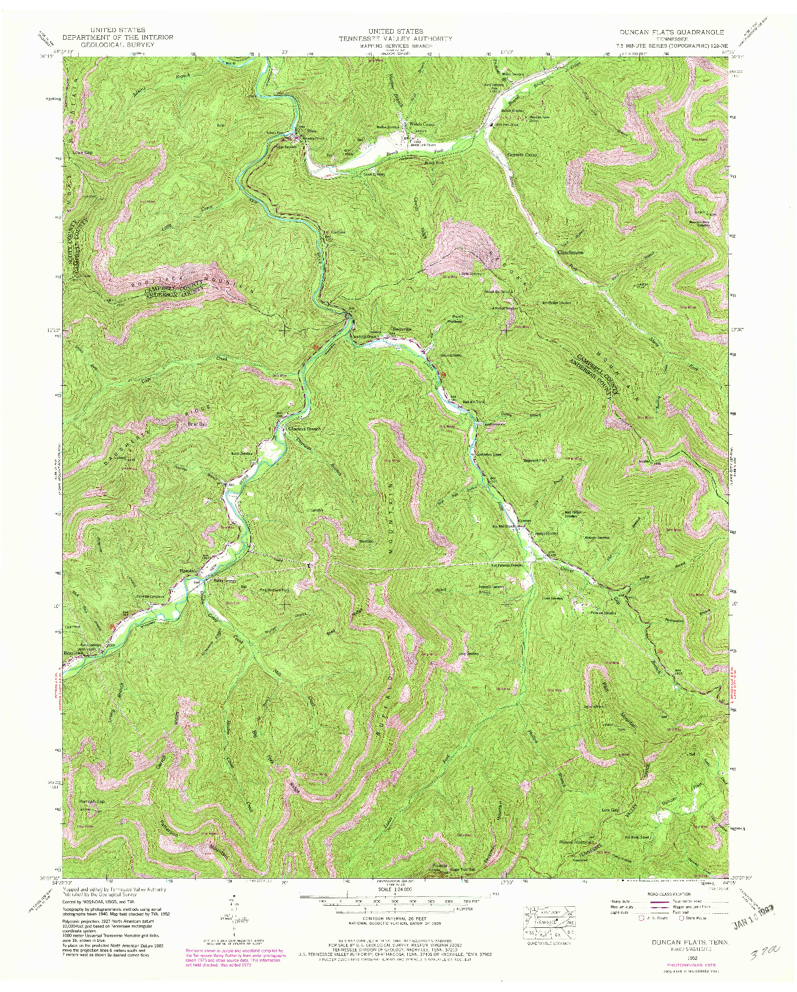 USGS 1:24000-SCALE QUADRANGLE FOR DUNCAN FLATS, TN 1952