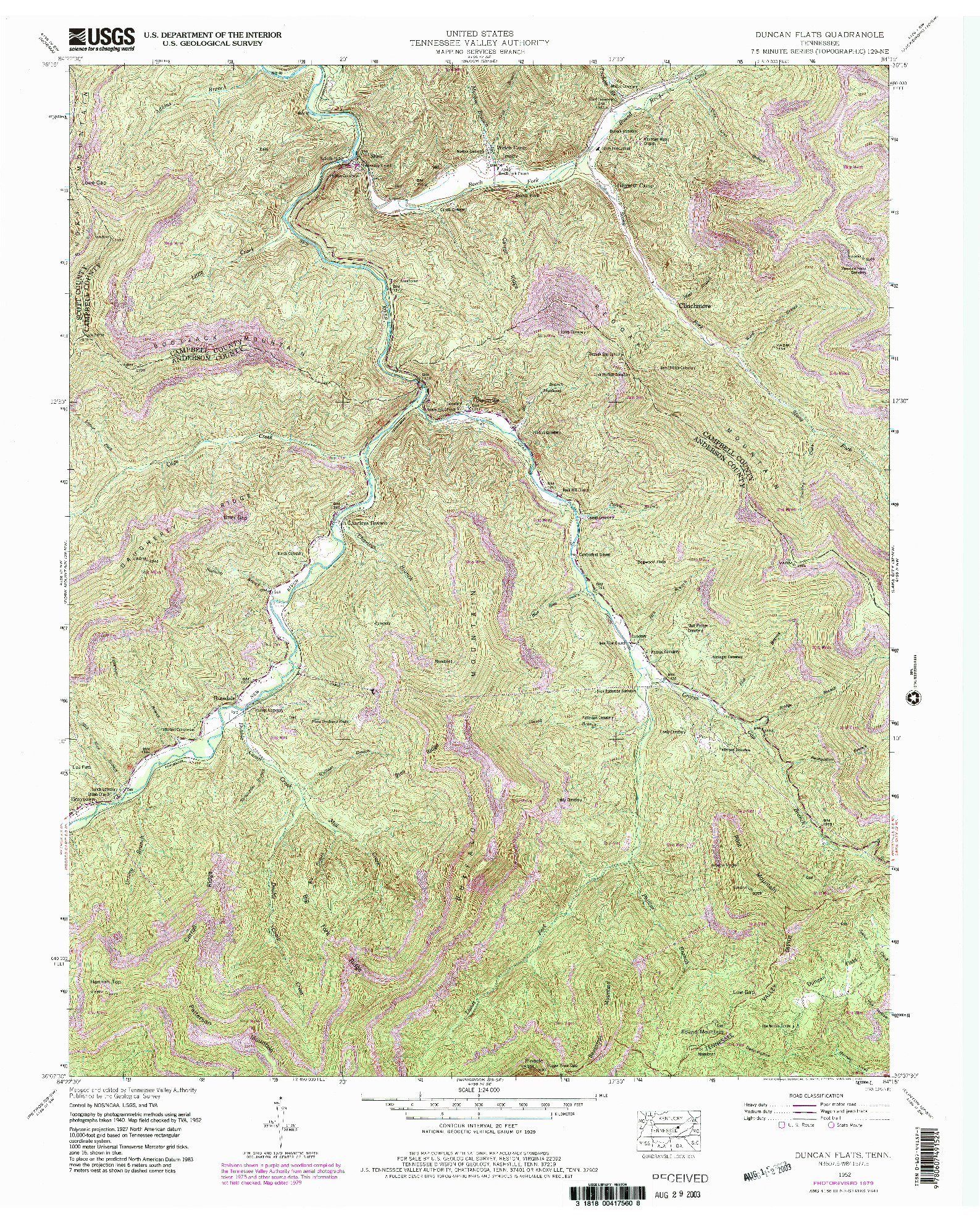 USGS 1:24000-SCALE QUADRANGLE FOR DUNCAN FLATS, TN 1952