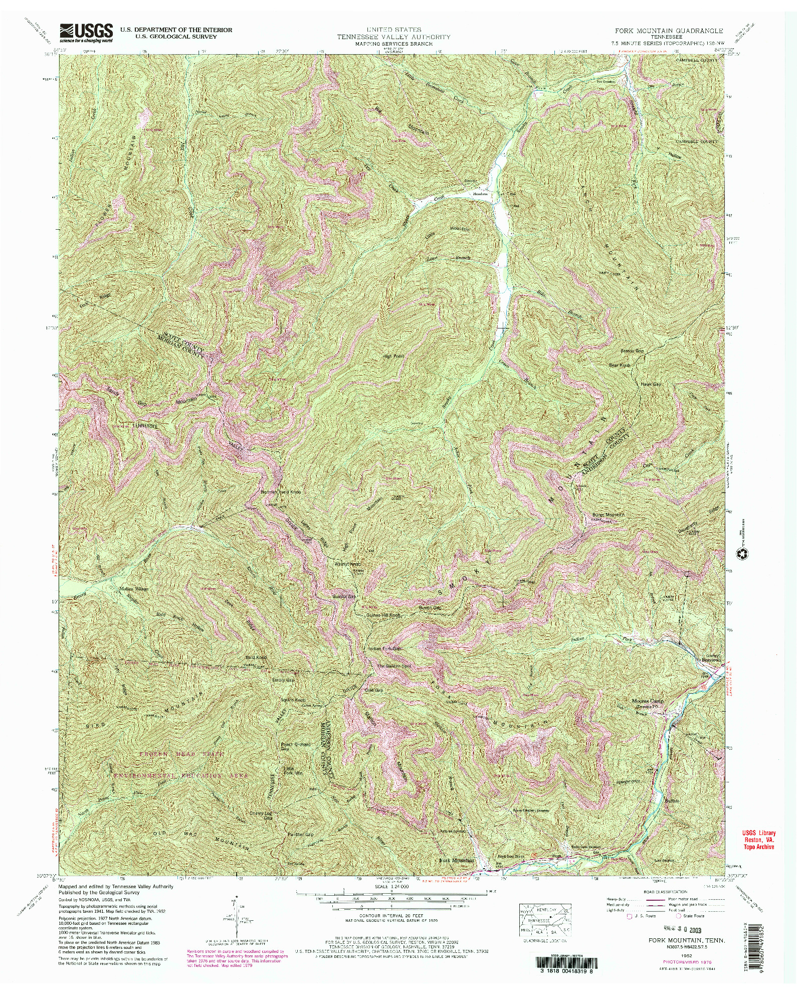 USGS 1:24000-SCALE QUADRANGLE FOR FORK MOUNTAIN, TN 1952