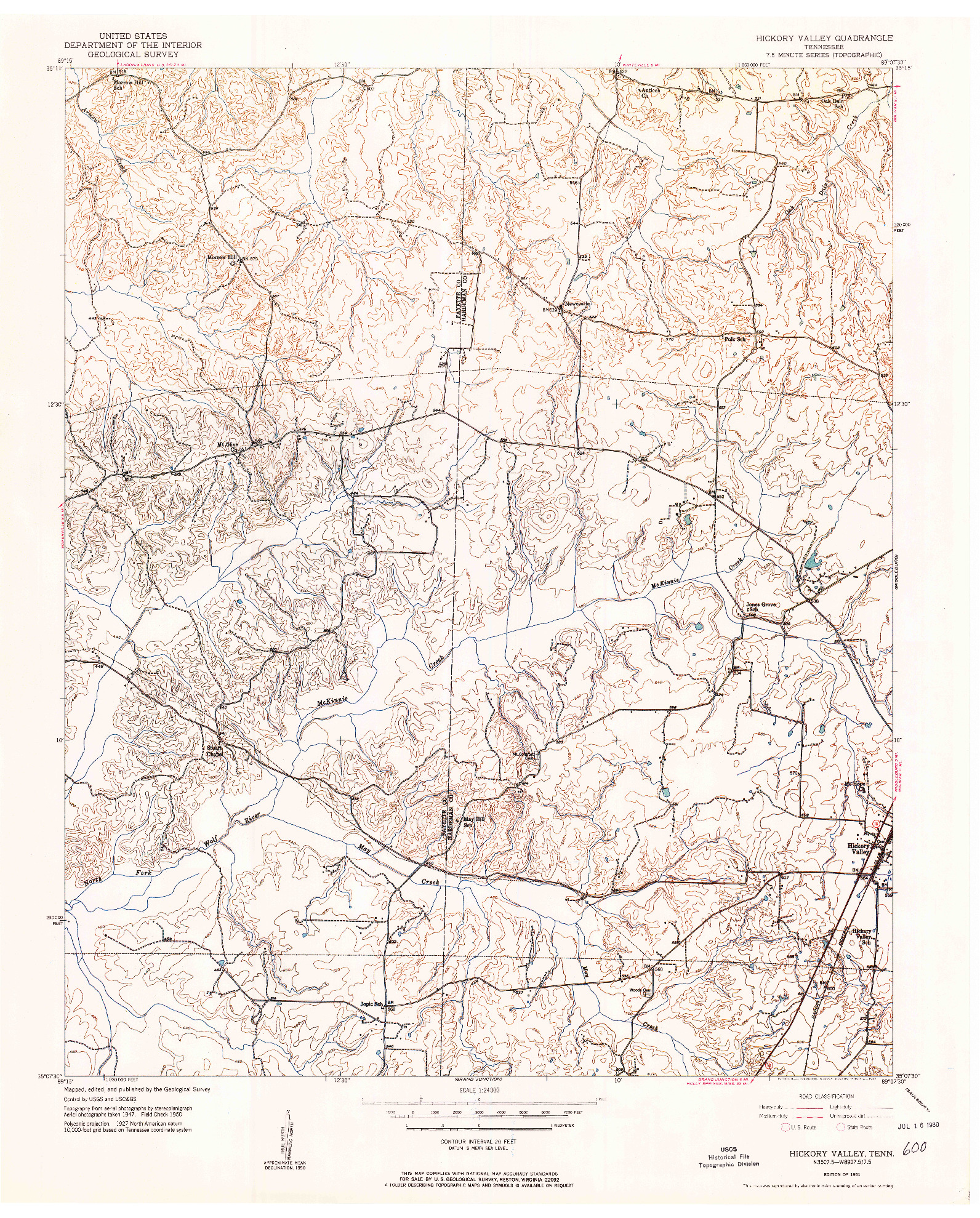 USGS 1:24000-SCALE QUADRANGLE FOR HICKORY VALLEY, TN 1951