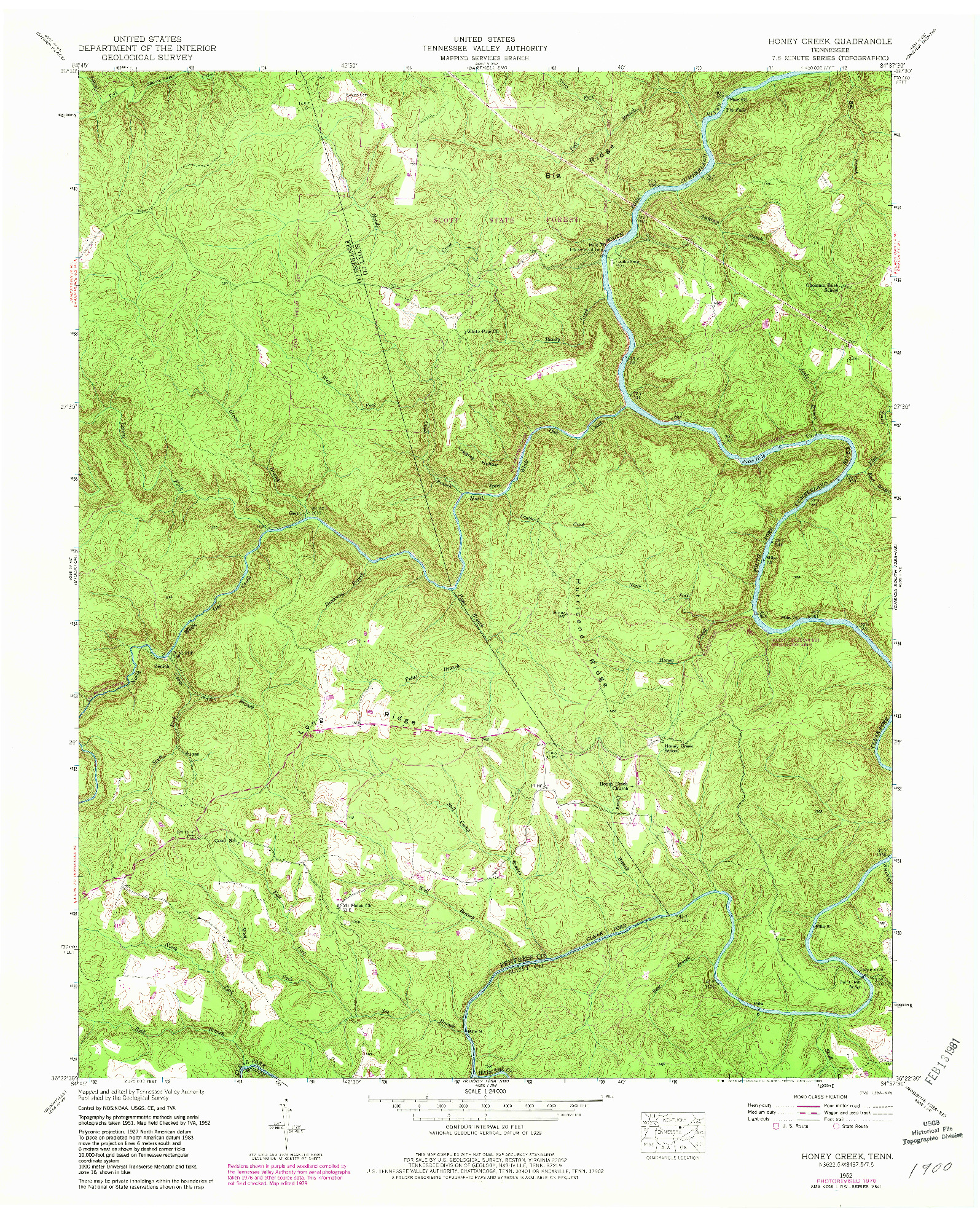 USGS 1:24000-SCALE QUADRANGLE FOR HONEY CREEK, TN 1952