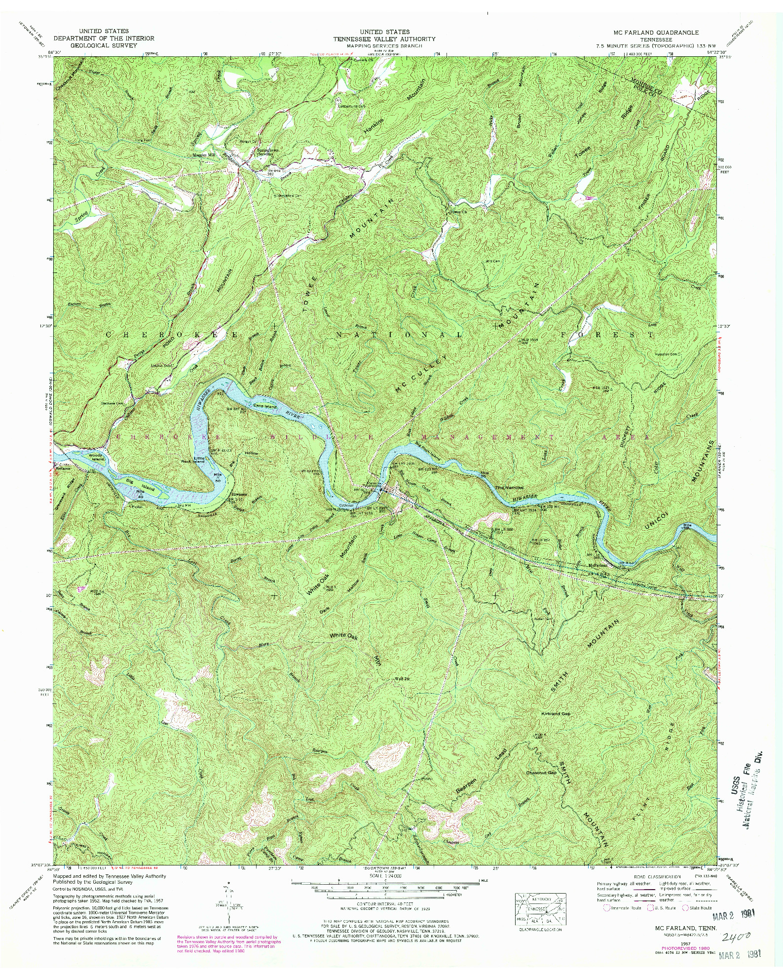 USGS 1:24000-SCALE QUADRANGLE FOR MC FARLAND, TN 1957
