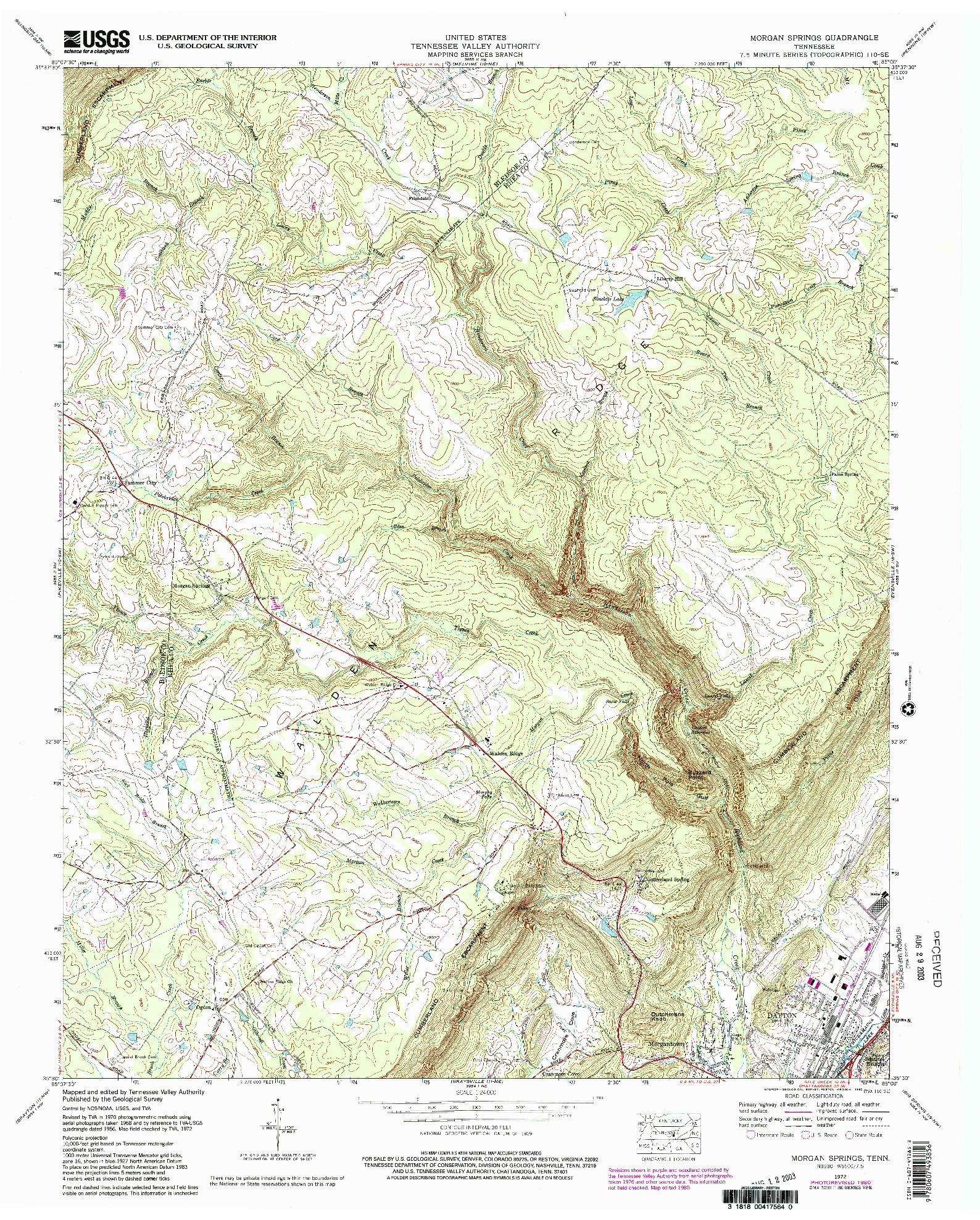 USGS 1:24000-SCALE QUADRANGLE FOR MORGAN SPRINGS, TN 1972