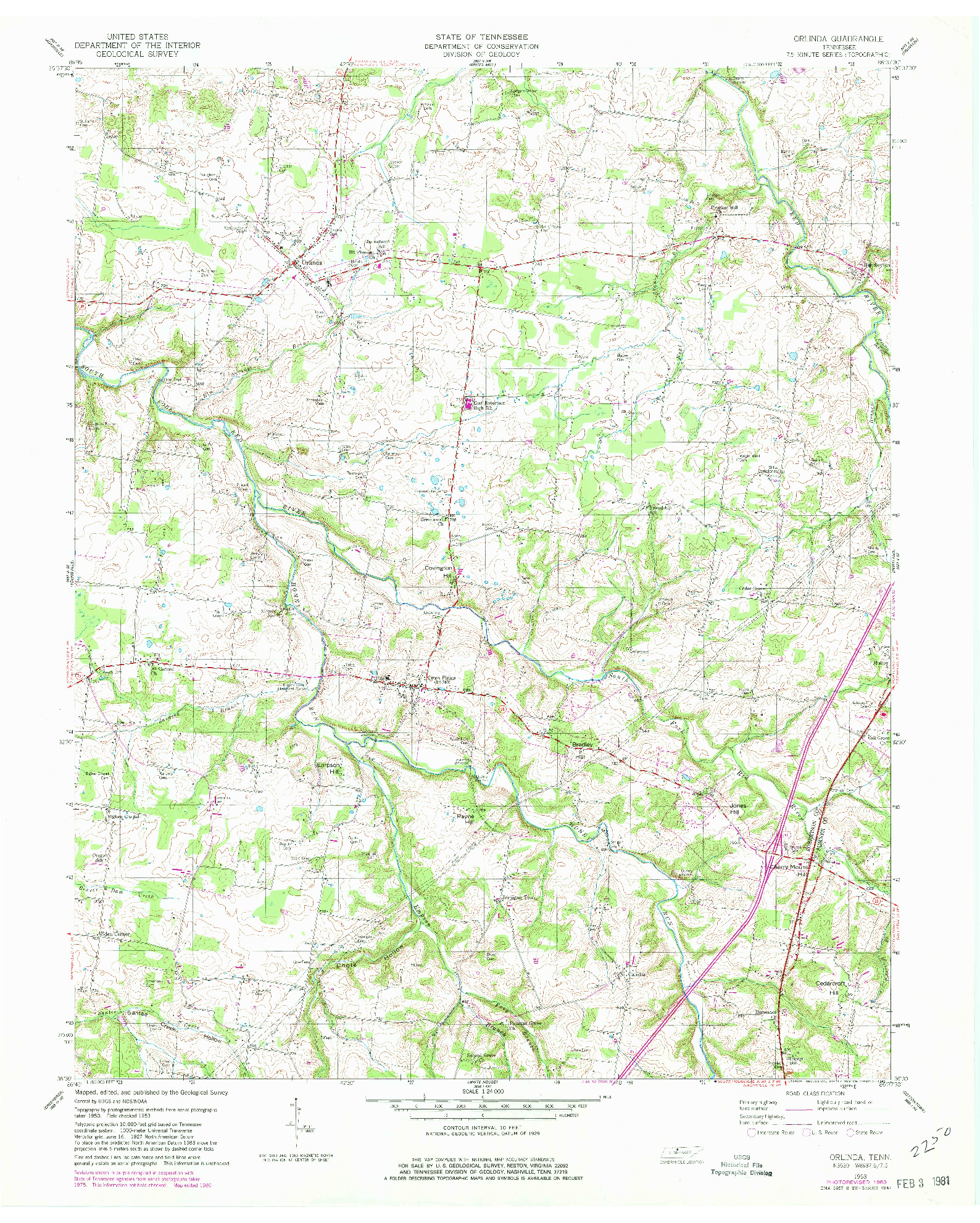 USGS 1:24000-SCALE QUADRANGLE FOR ORLINDA, TN 1953