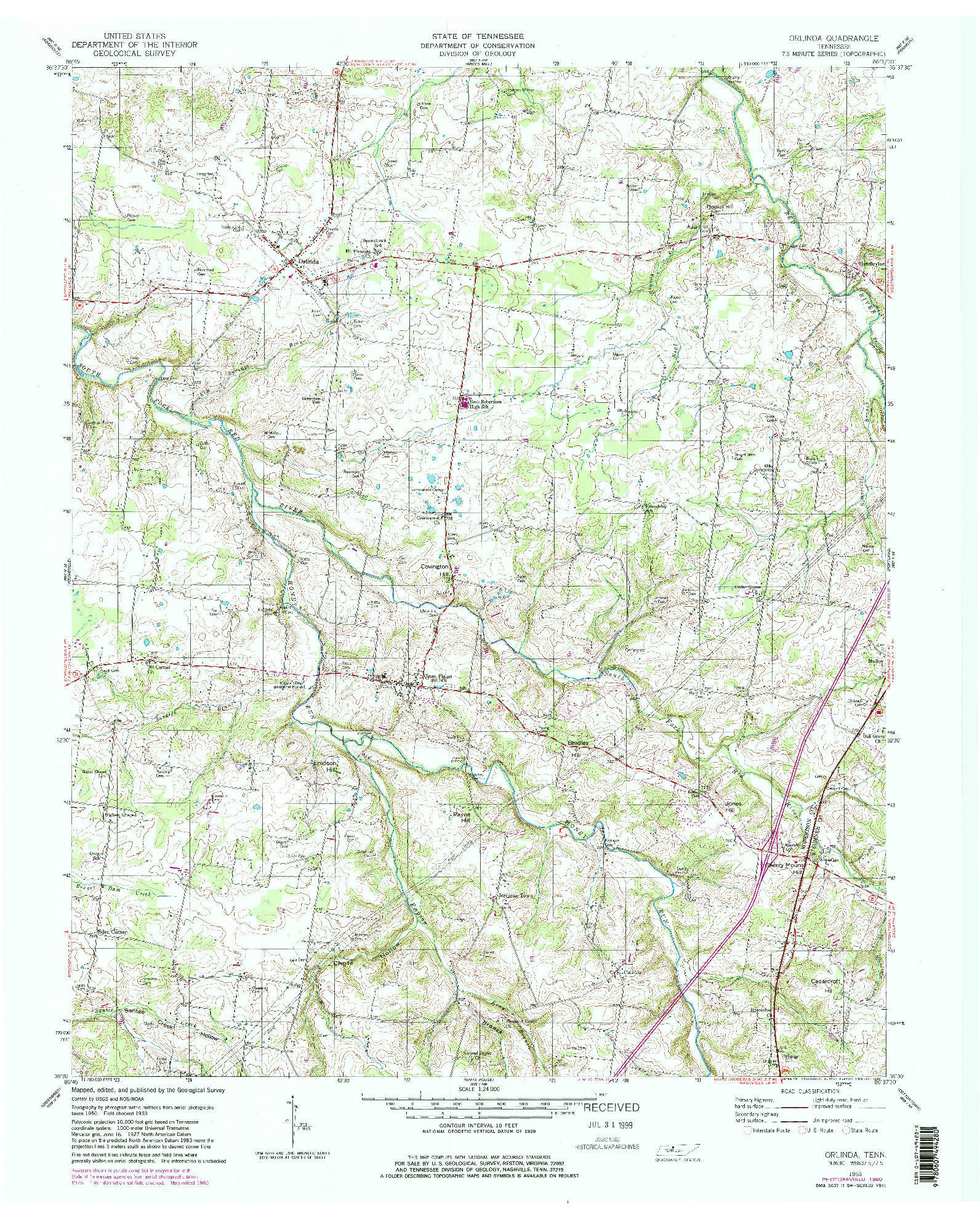 USGS 1:24000-SCALE QUADRANGLE FOR ORLINDA, TN 1953