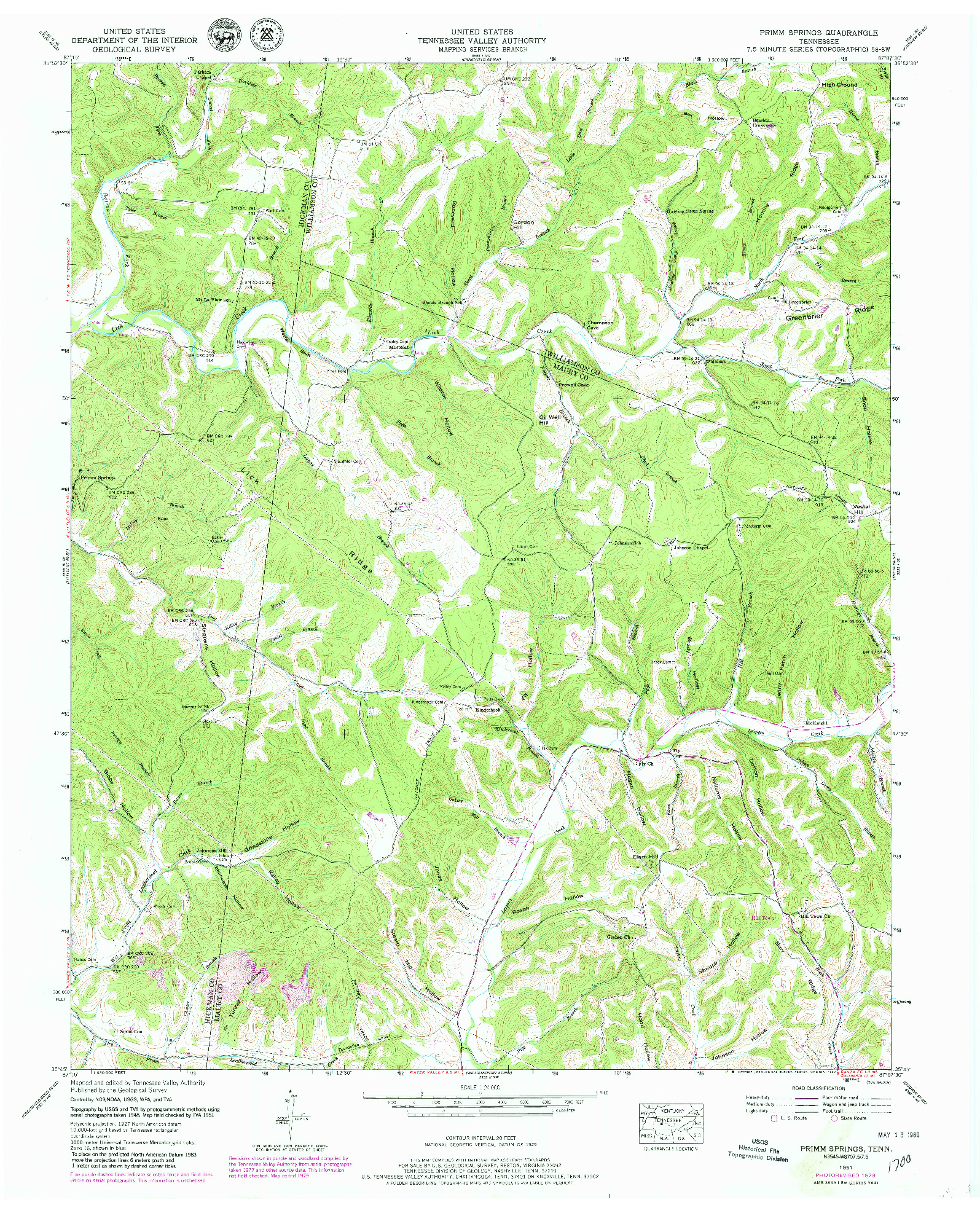 USGS 1:24000-SCALE QUADRANGLE FOR PRIMM SPRINGS, TN 1951