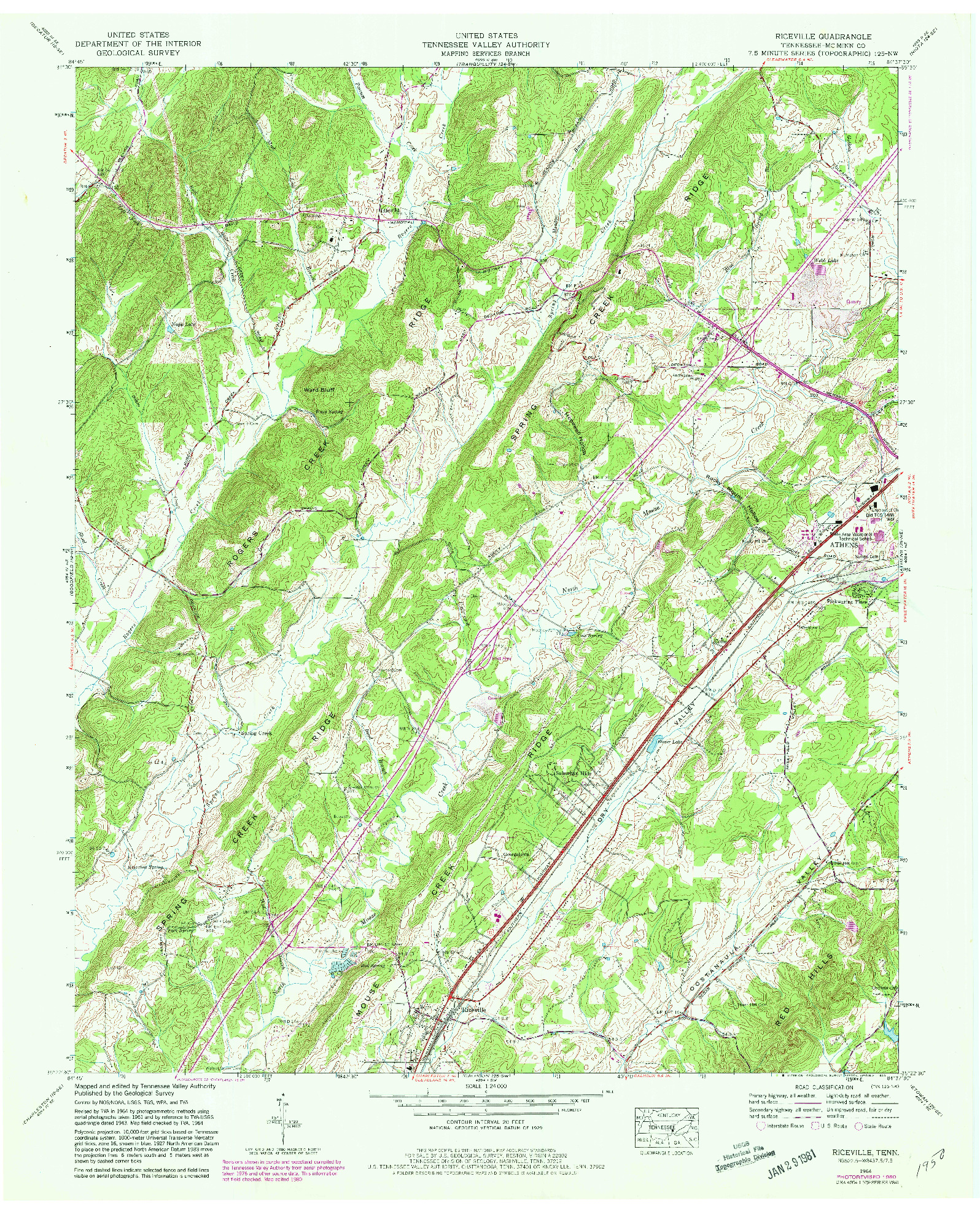 USGS 1:24000-SCALE QUADRANGLE FOR RICEVILLE, TN 1964