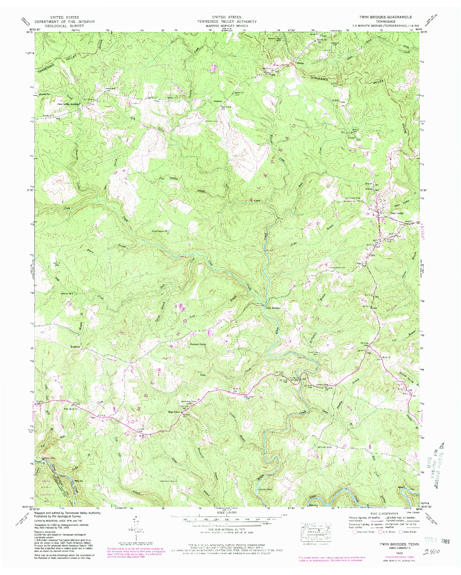 USGS 1:24000-SCALE QUADRANGLE FOR TWIN BRIDGES, TN 1943