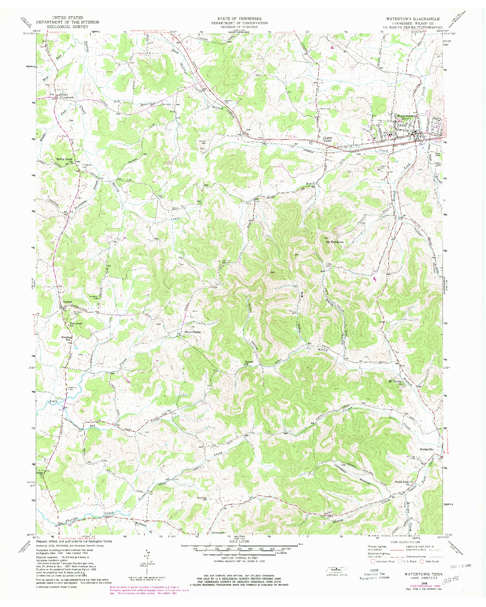 USGS 1:24000-SCALE QUADRANGLE FOR WATERTOWN, TN 1958