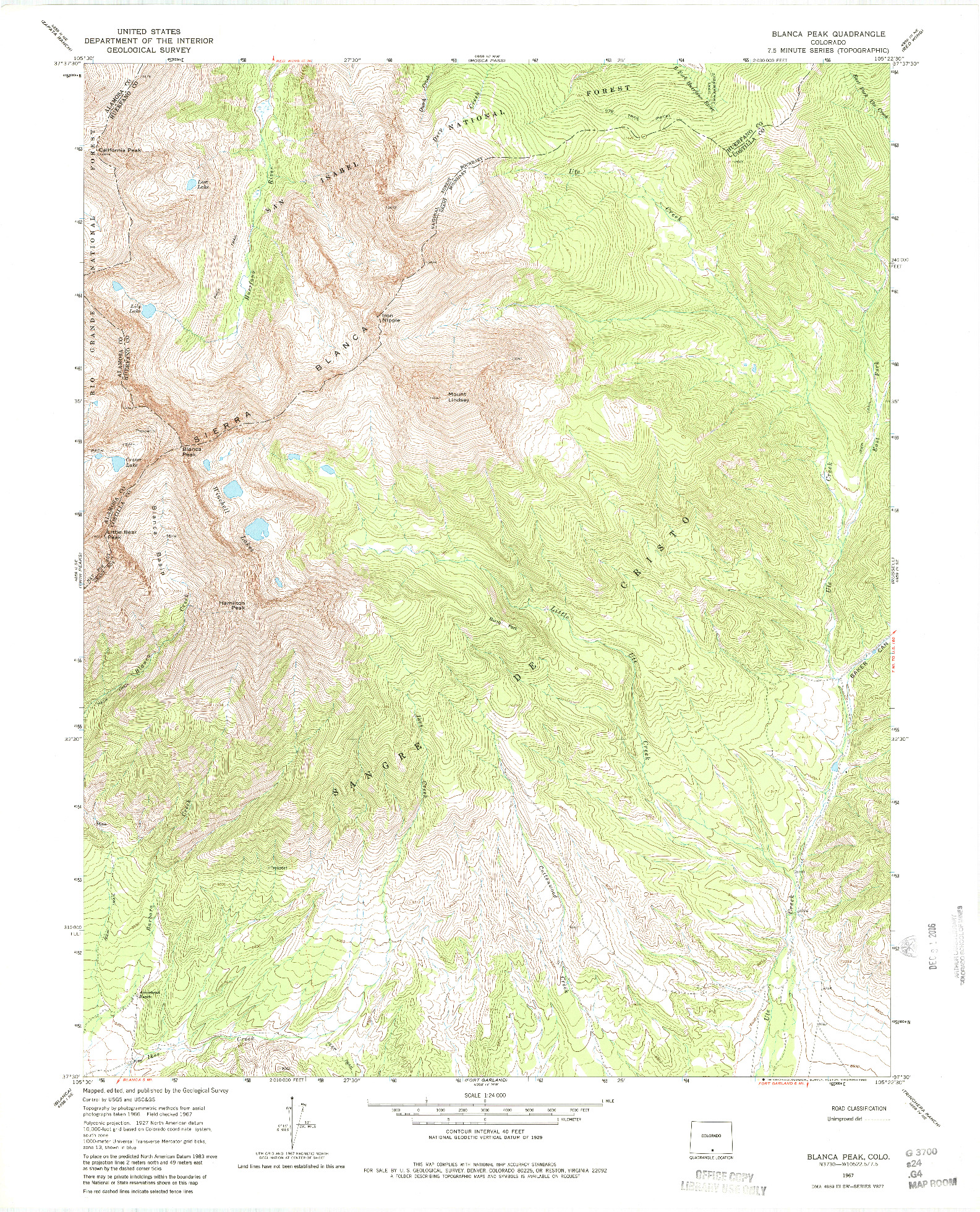 USGS 1:24000-SCALE QUADRANGLE FOR BLANCA PEAK, CO 1967