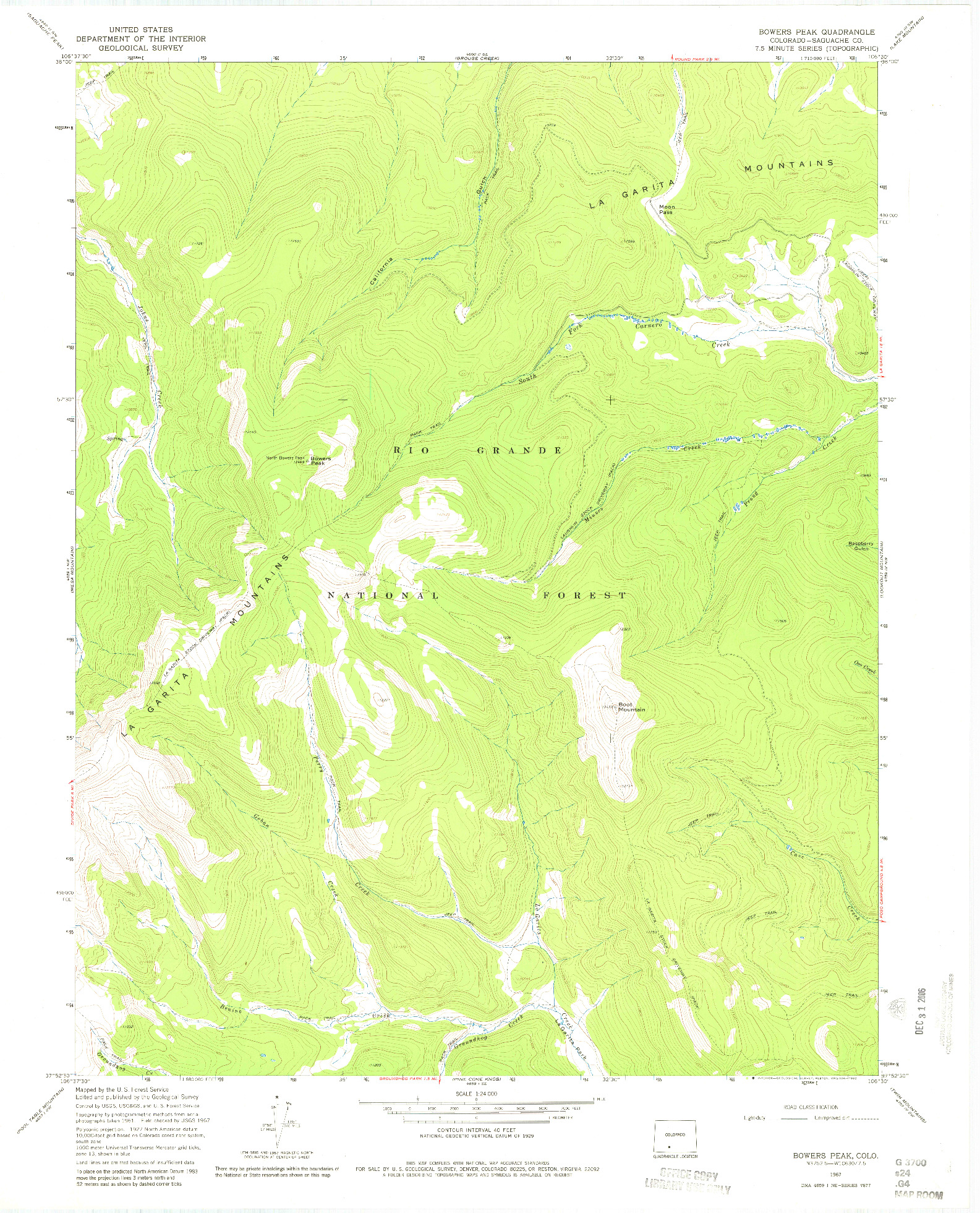 USGS 1:24000-SCALE QUADRANGLE FOR BOWERS PEAK, CO 1967