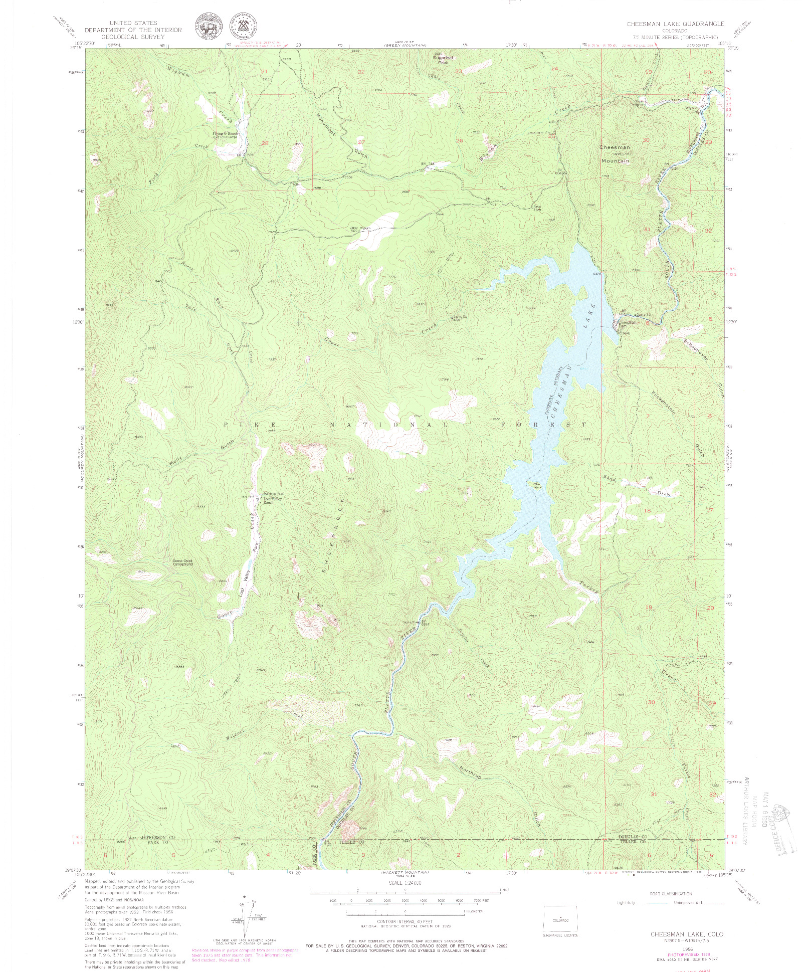 USGS 1:24000-SCALE QUADRANGLE FOR CHEESMAN LAKE, CO 1956