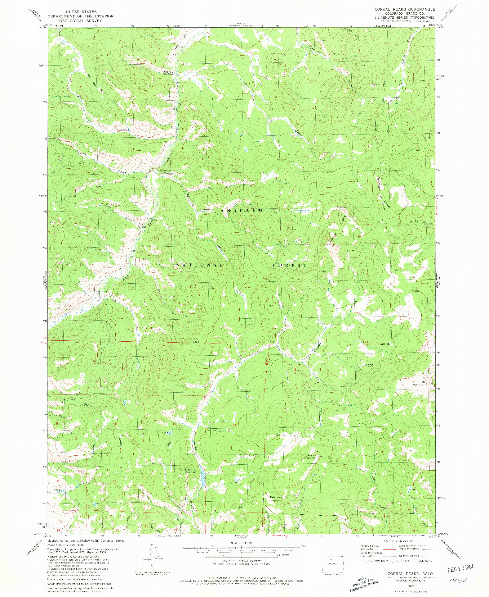 USGS 1:24000-SCALE QUADRANGLE FOR CORRAL PEAKS, CO 1980
