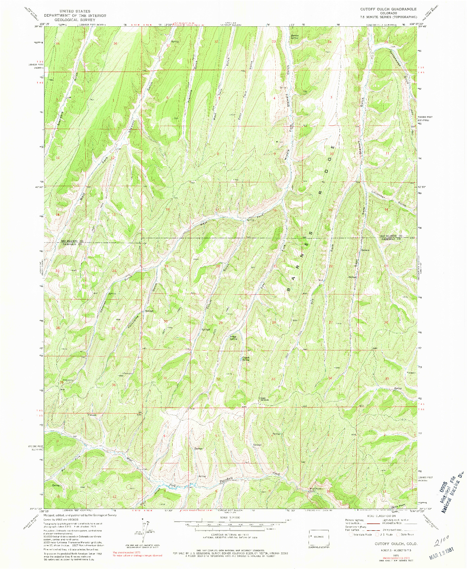 USGS 1:24000-SCALE QUADRANGLE FOR CUTOFF GULCH, CO 1971
