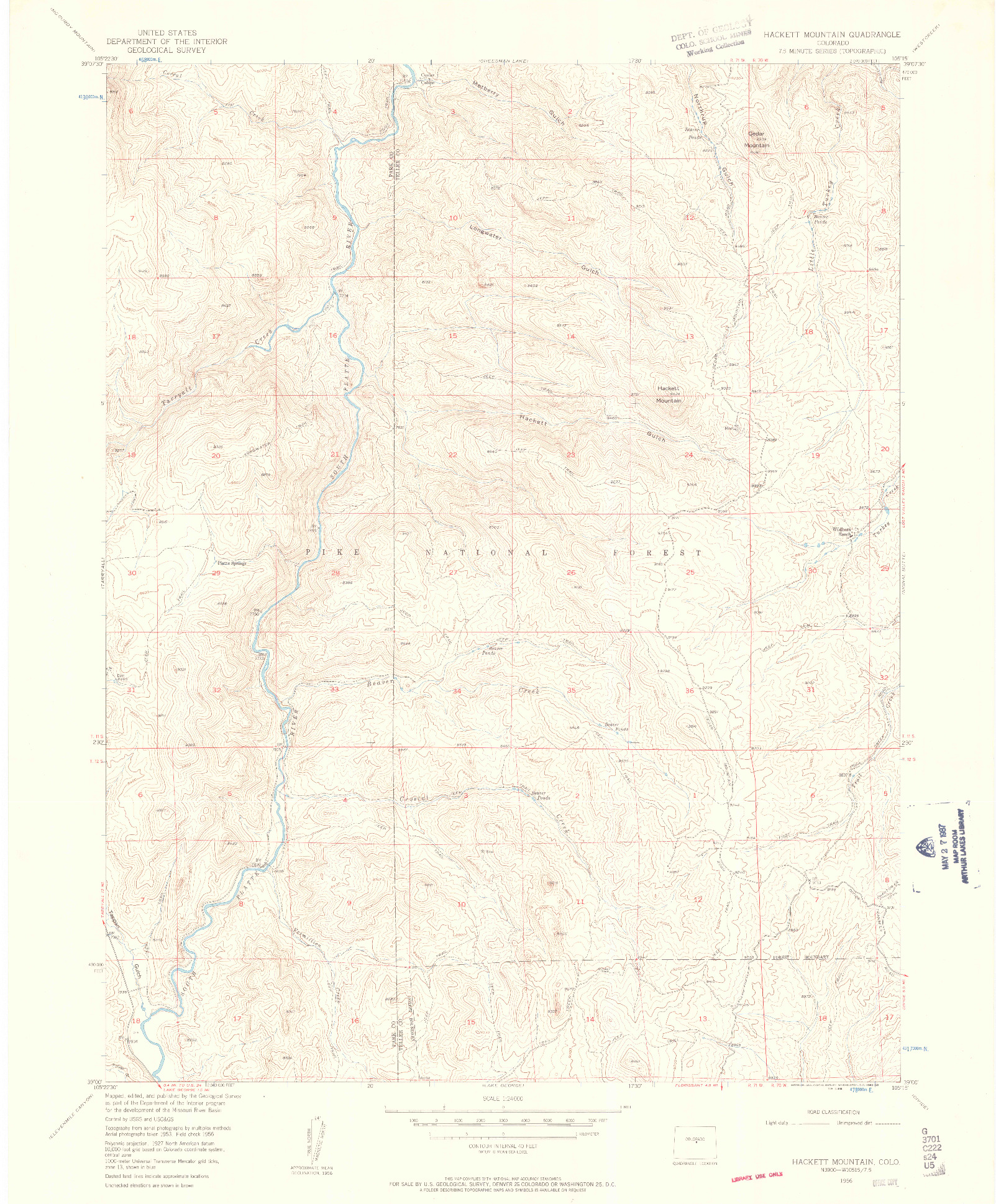 USGS 1:24000-SCALE QUADRANGLE FOR HACKETT MOUNTAIN, CO 1956