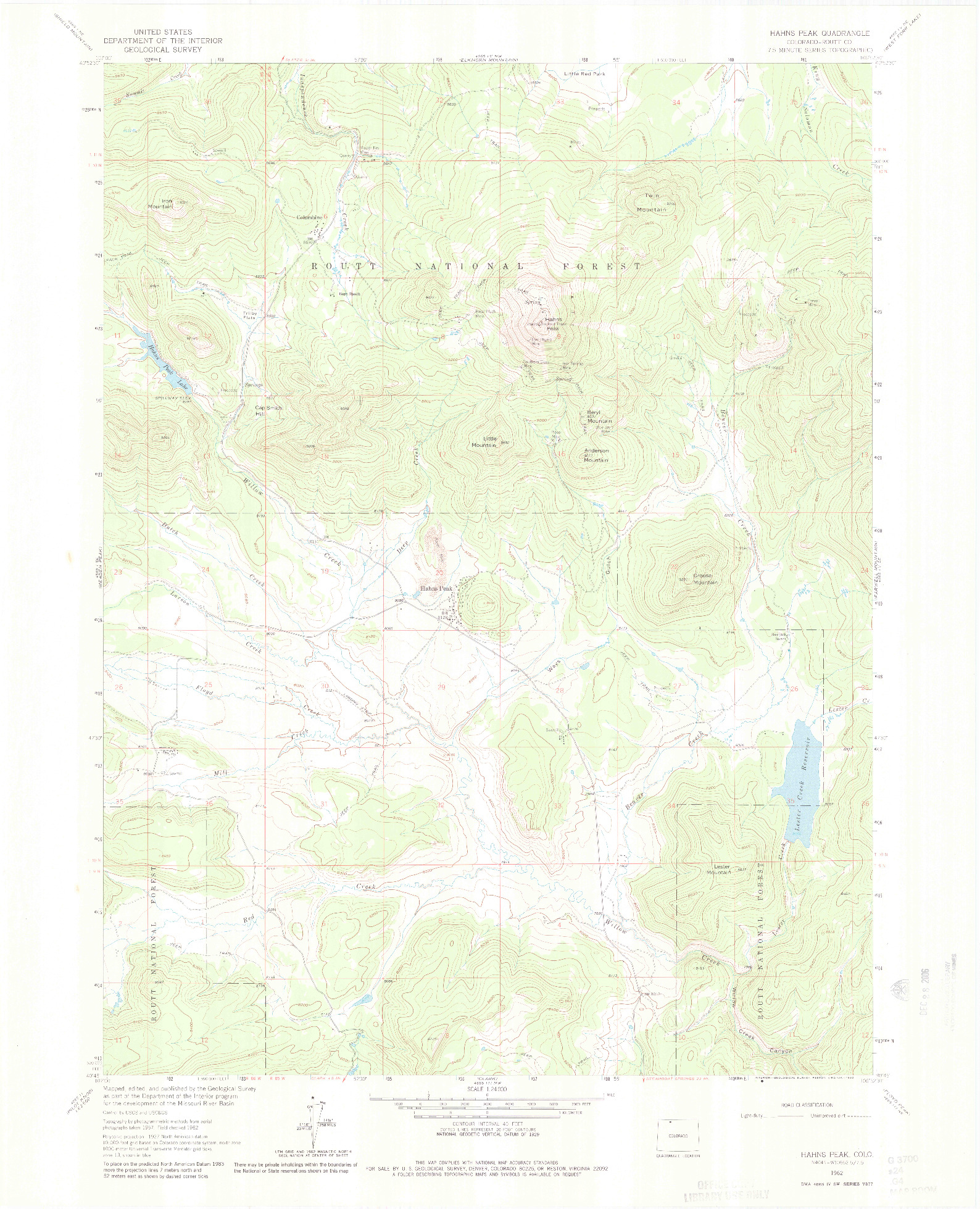 USGS 1:24000-SCALE QUADRANGLE FOR HAHNS PEAK, CO 1962