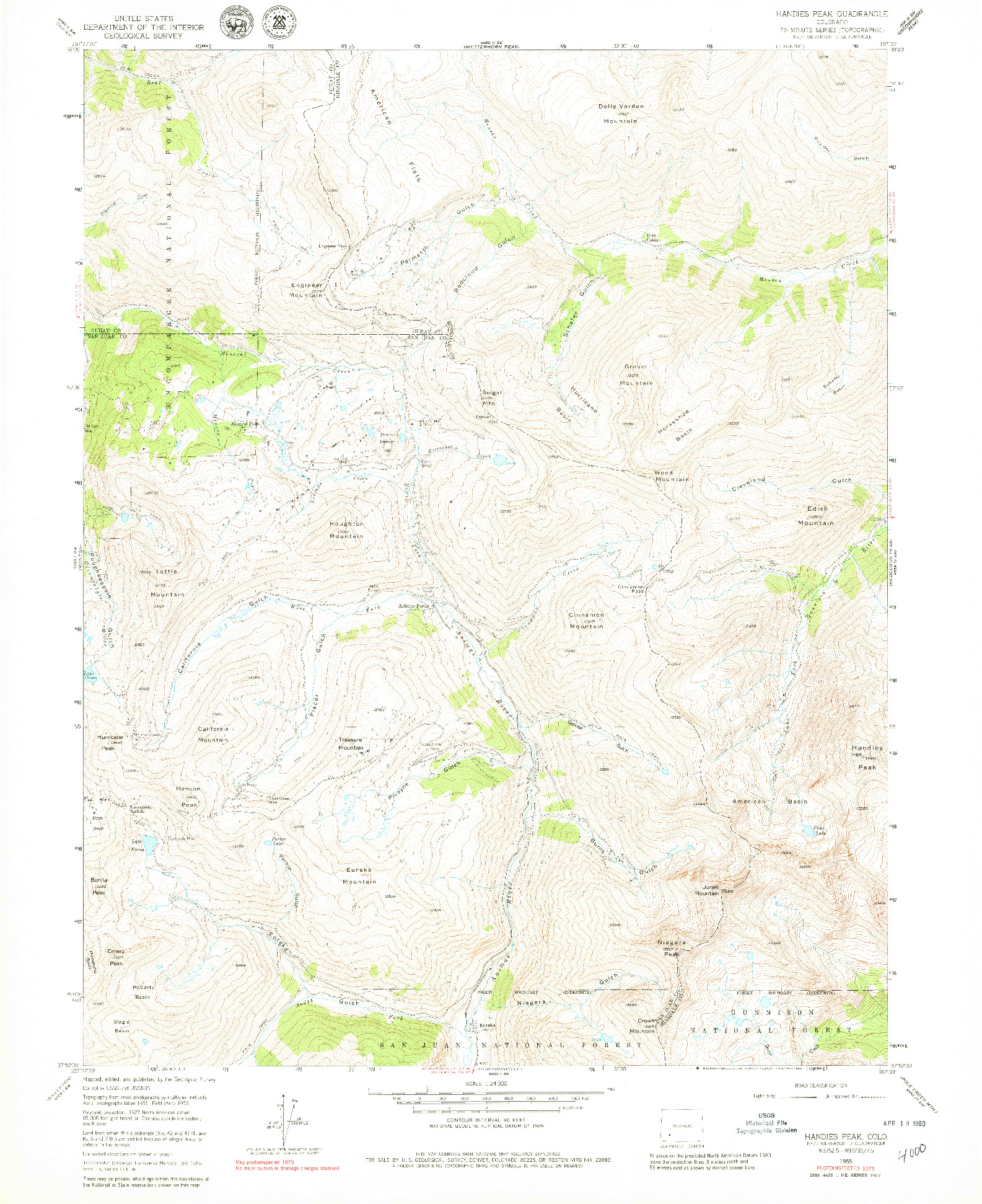 USGS 1:24000-SCALE QUADRANGLE FOR HANDIES PEAK, CO 1955