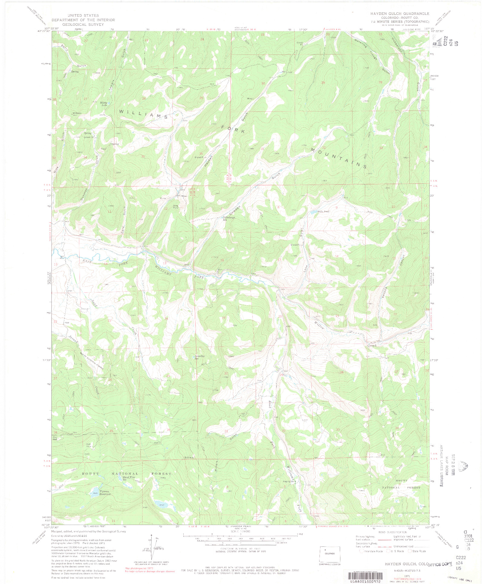 USGS 1:24000-SCALE QUADRANGLE FOR HAYDEN GULCH, CO 1971