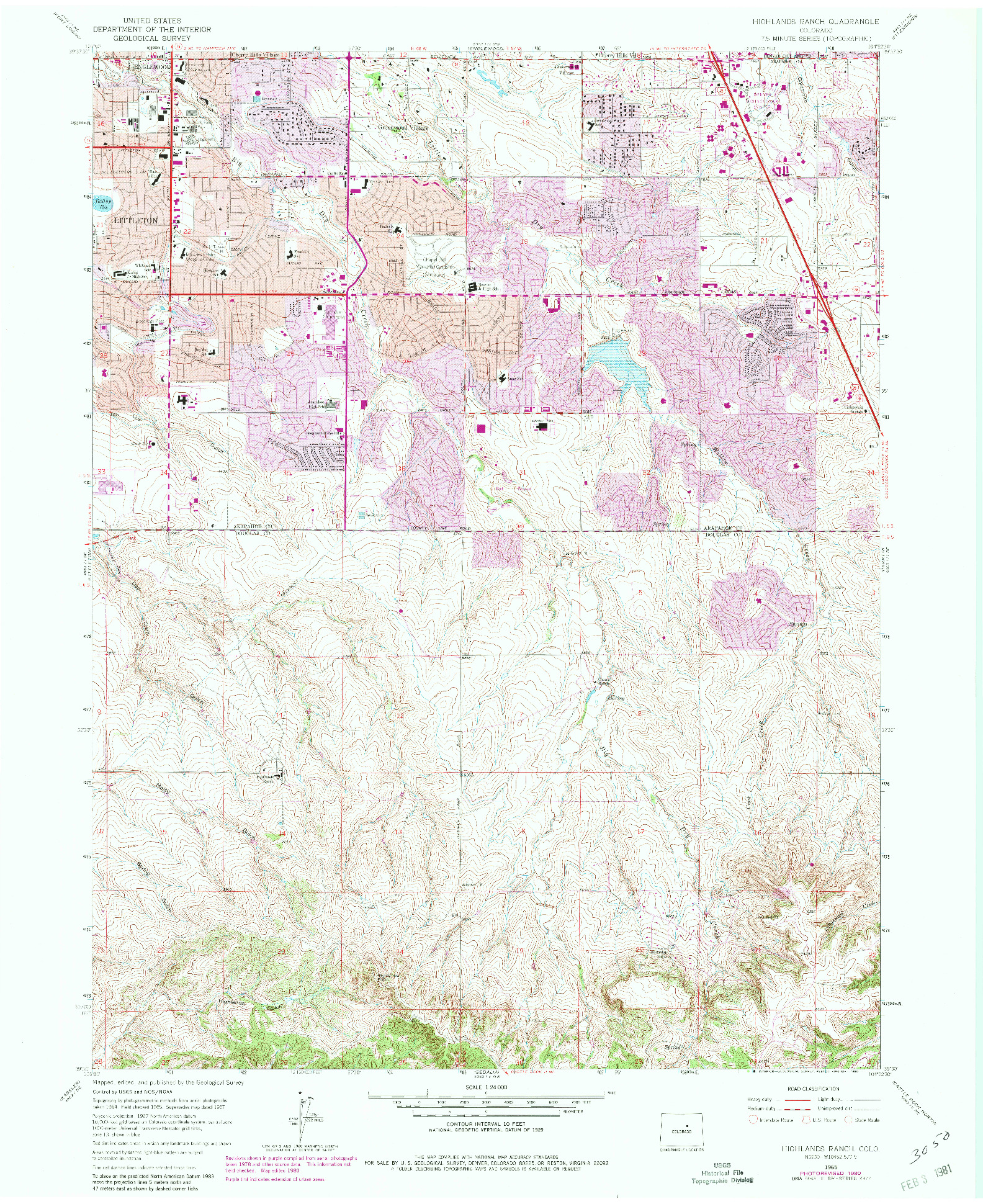 USGS 1:24000-SCALE QUADRANGLE FOR HIGHLANDS RANCH, CO 1965