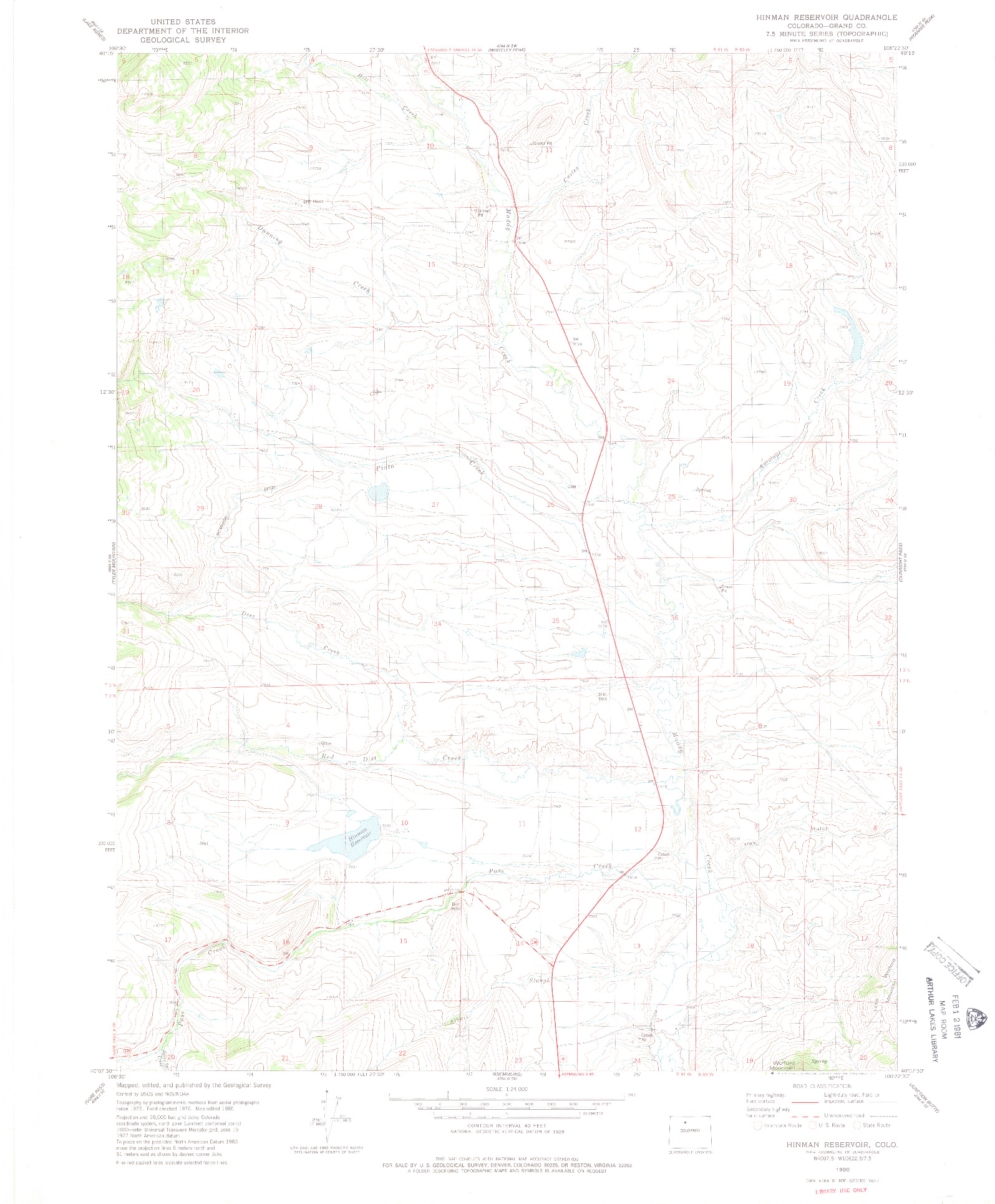 USGS 1:24000-SCALE QUADRANGLE FOR HINMAN RESERVOIR, CO 1980