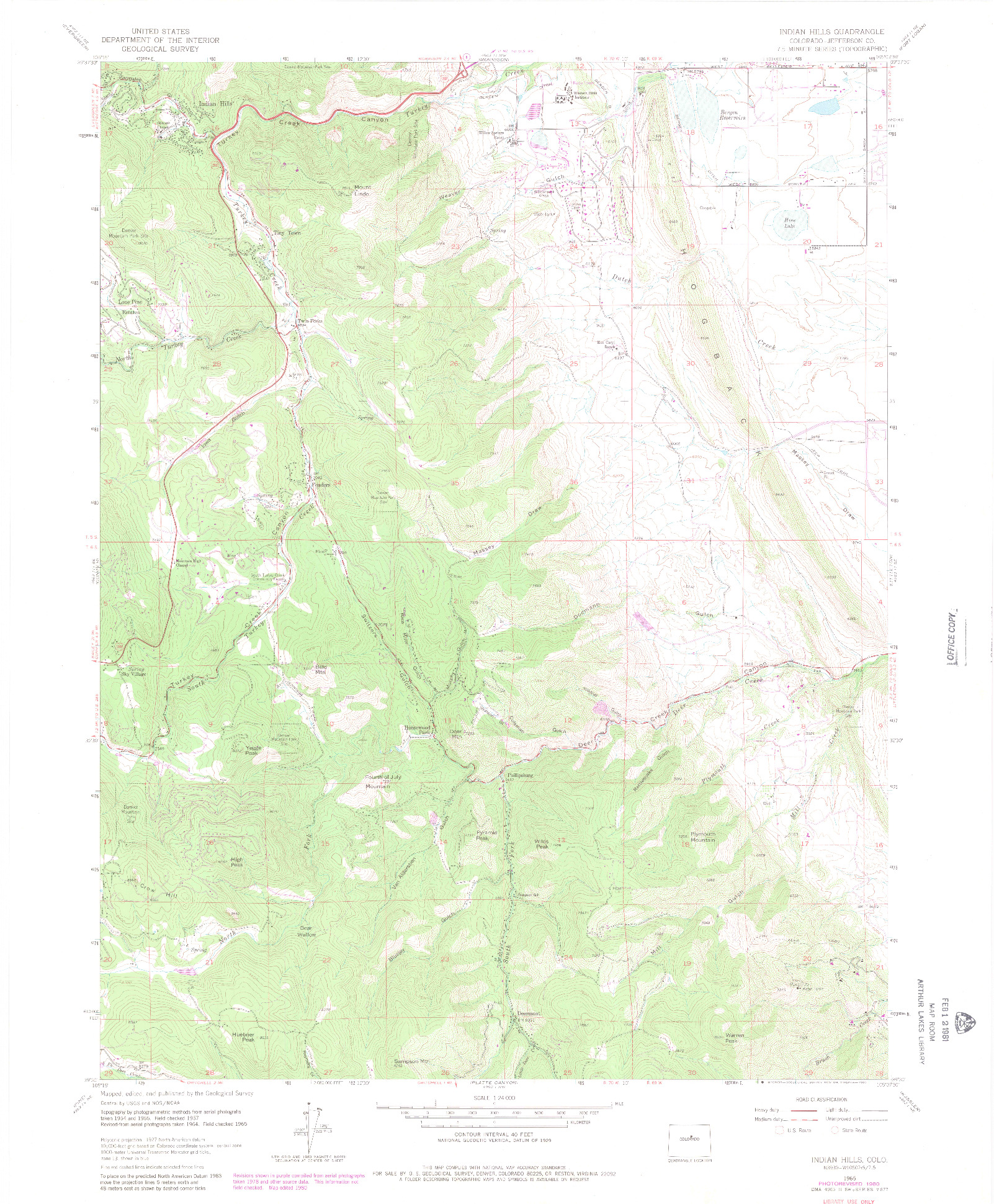 USGS 1:24000-SCALE QUADRANGLE FOR INDIAN HILLS, CO 1965