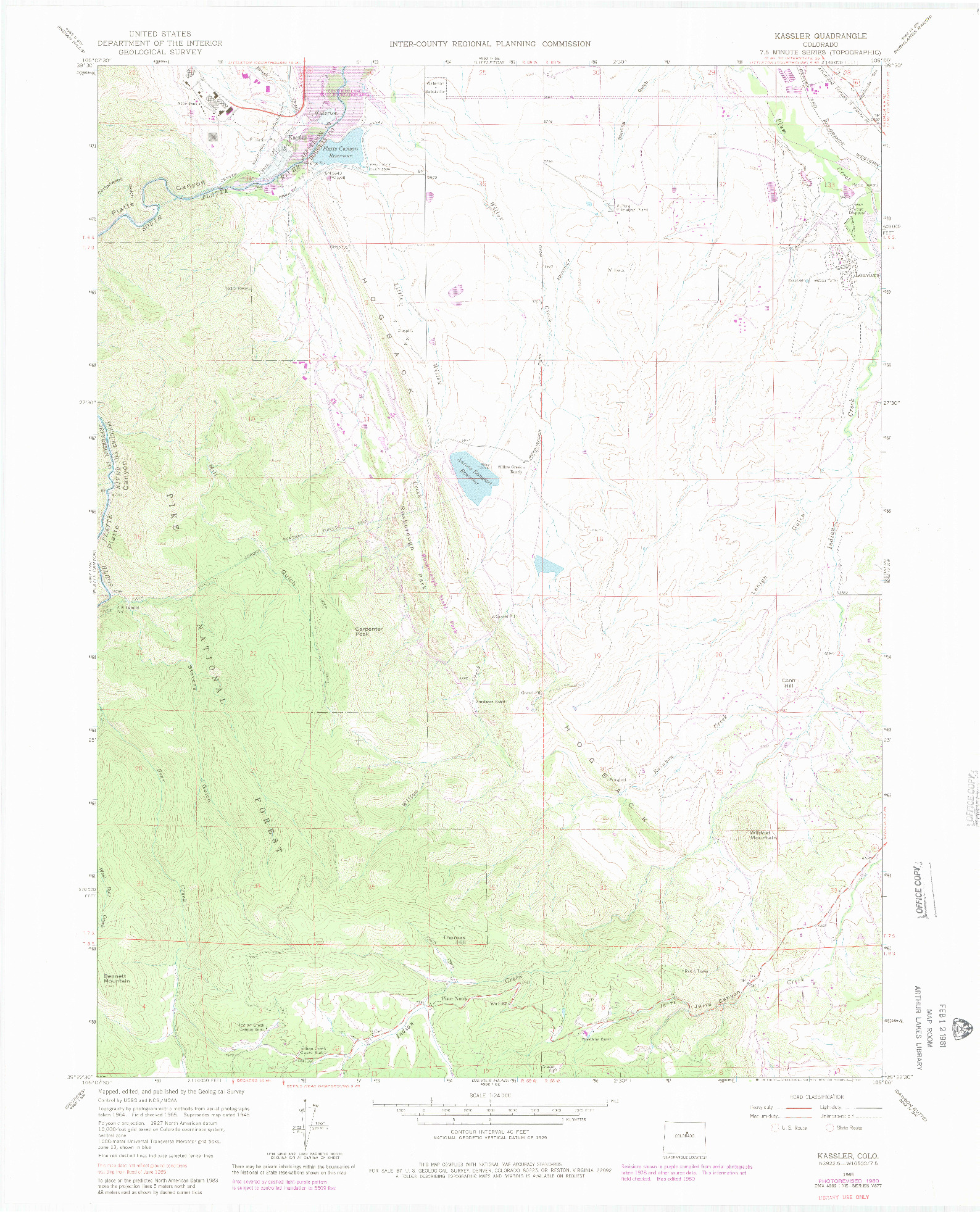 USGS 1:24000-SCALE QUADRANGLE FOR KASSLER, CO 1965