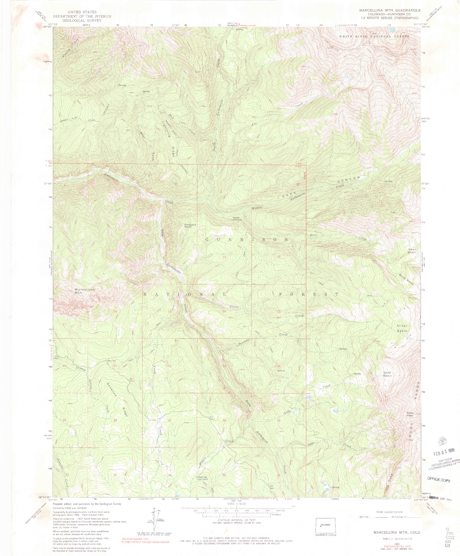 USGS 1:24000-SCALE QUADRANGLE FOR MARCELLINA MOUNTAIN, CO 1961