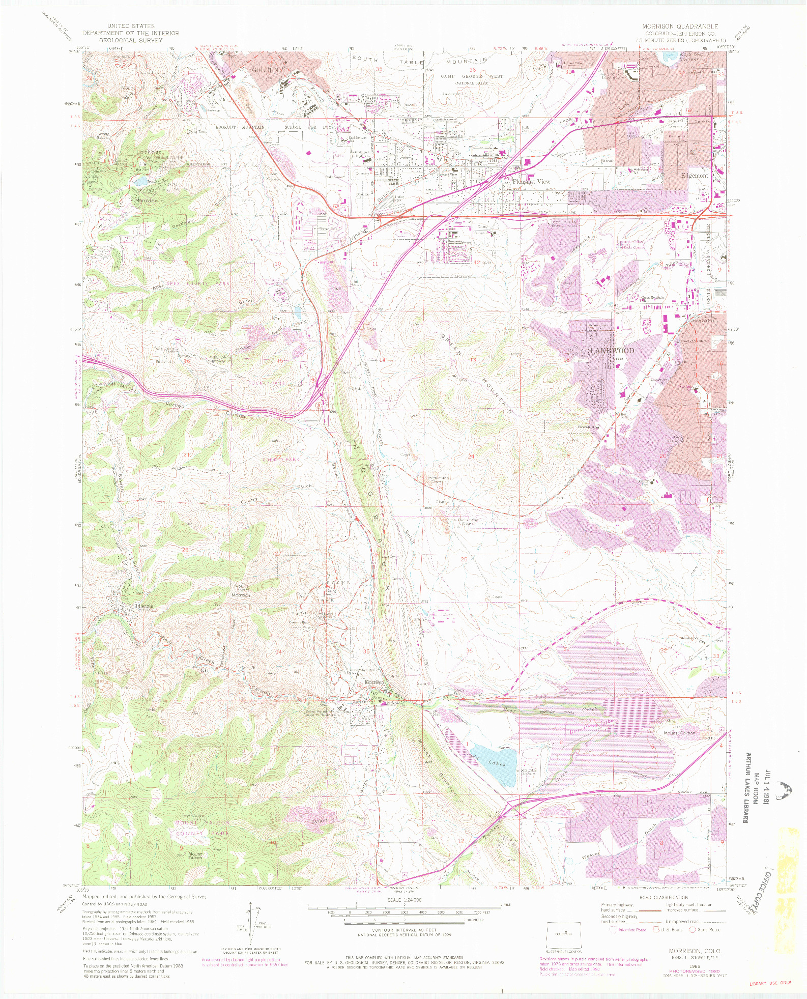 USGS 1:24000-SCALE QUADRANGLE FOR MORRISON, CO 1965