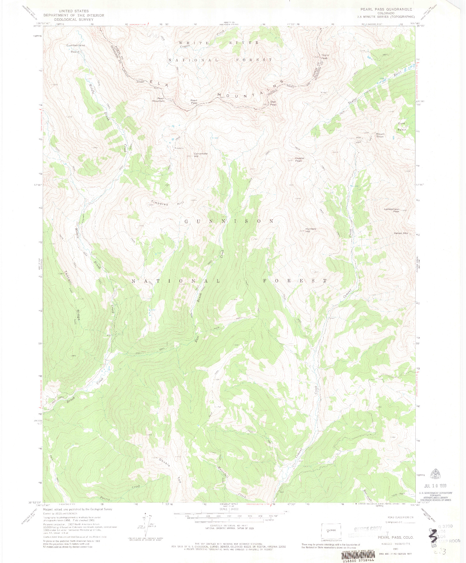 USGS 1:24000-SCALE QUADRANGLE FOR PEARL PASS, CO 1961