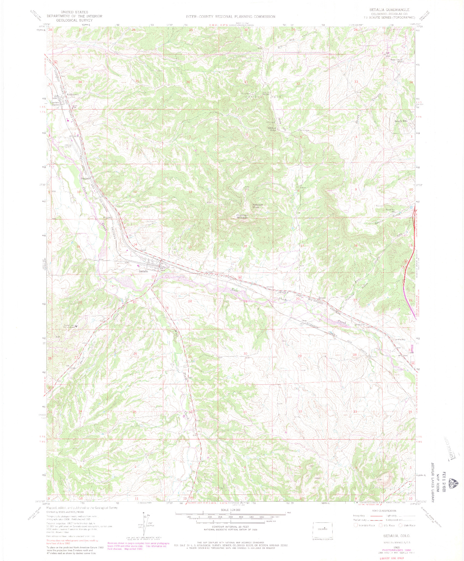 USGS 1:24000-SCALE QUADRANGLE FOR SEDALIA, CO 1965