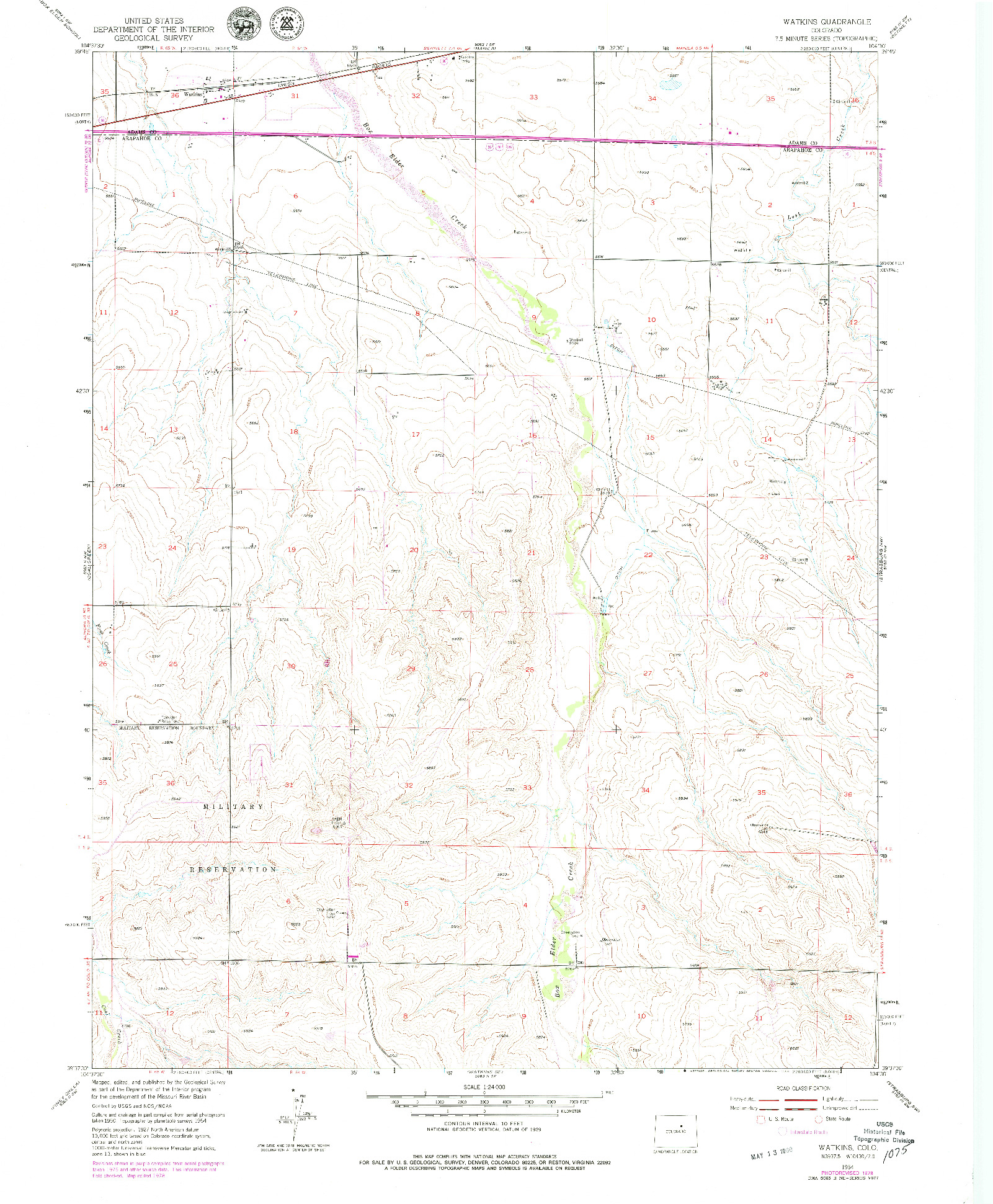 USGS 1:24000-SCALE QUADRANGLE FOR WATKINS, CO 1954