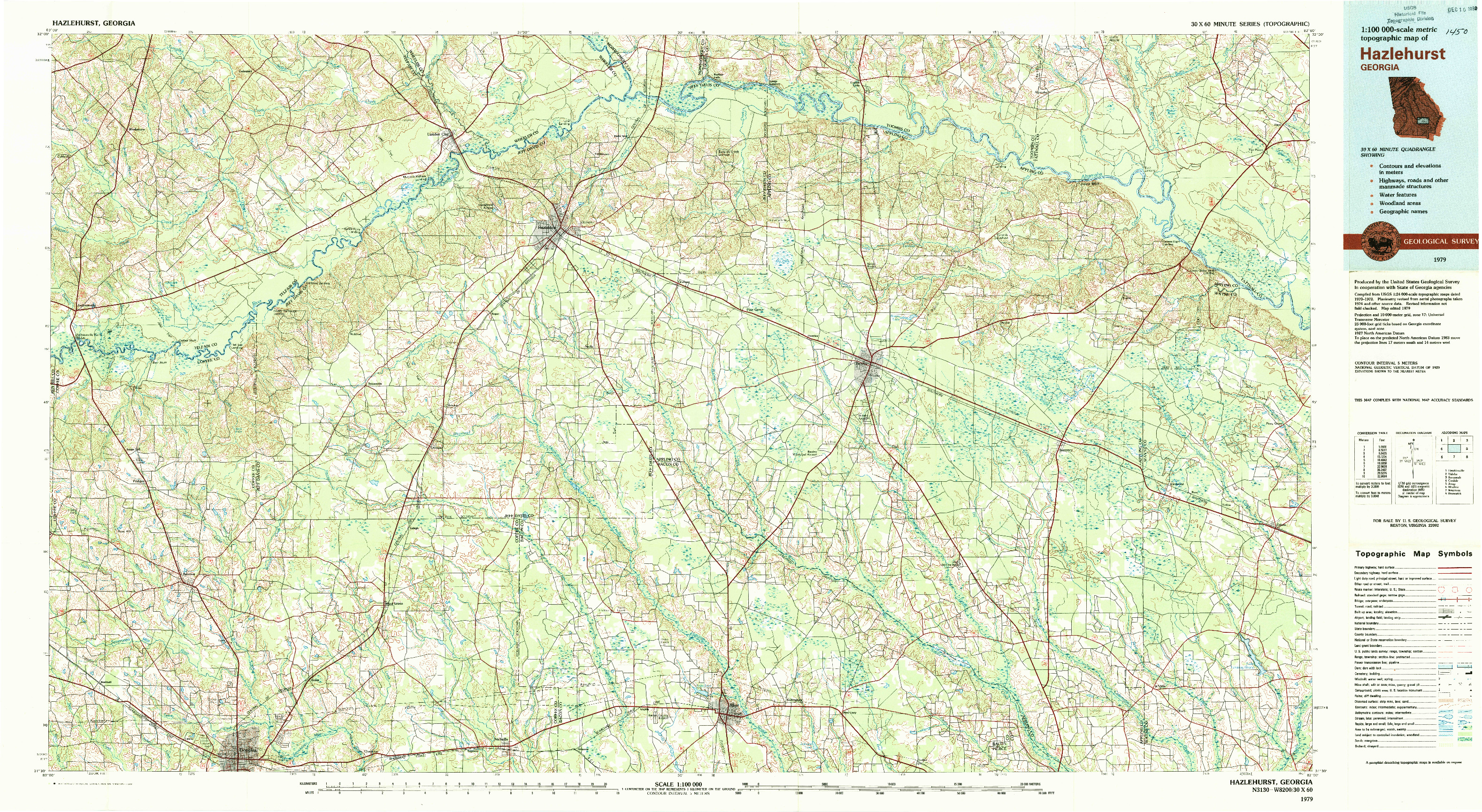 USGS 1:100000-SCALE QUADRANGLE FOR HAZLEHURST, GA 1979