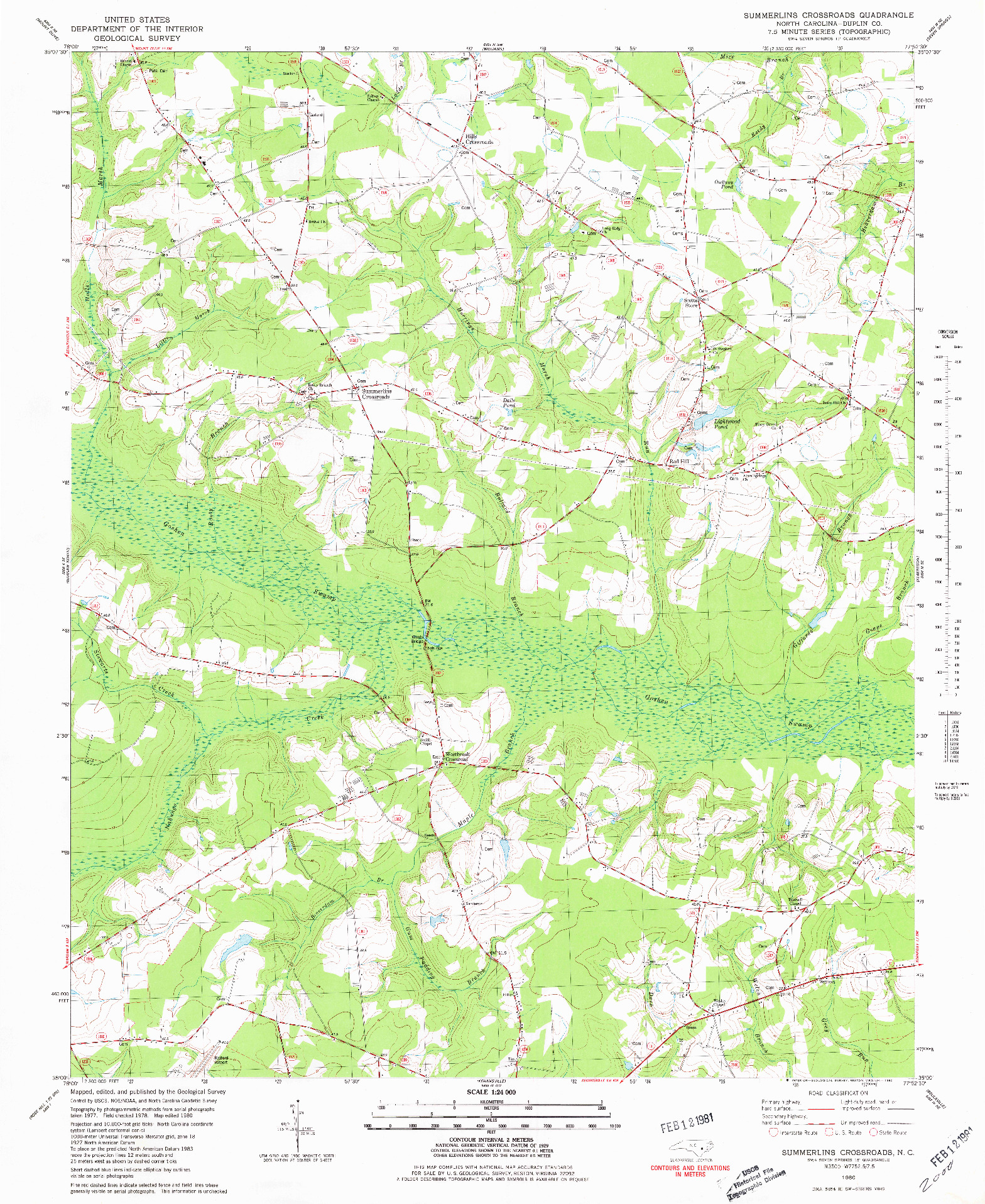 USGS 1:24000-SCALE QUADRANGLE FOR SUMMERLINS CROSSROADS, NC 1980