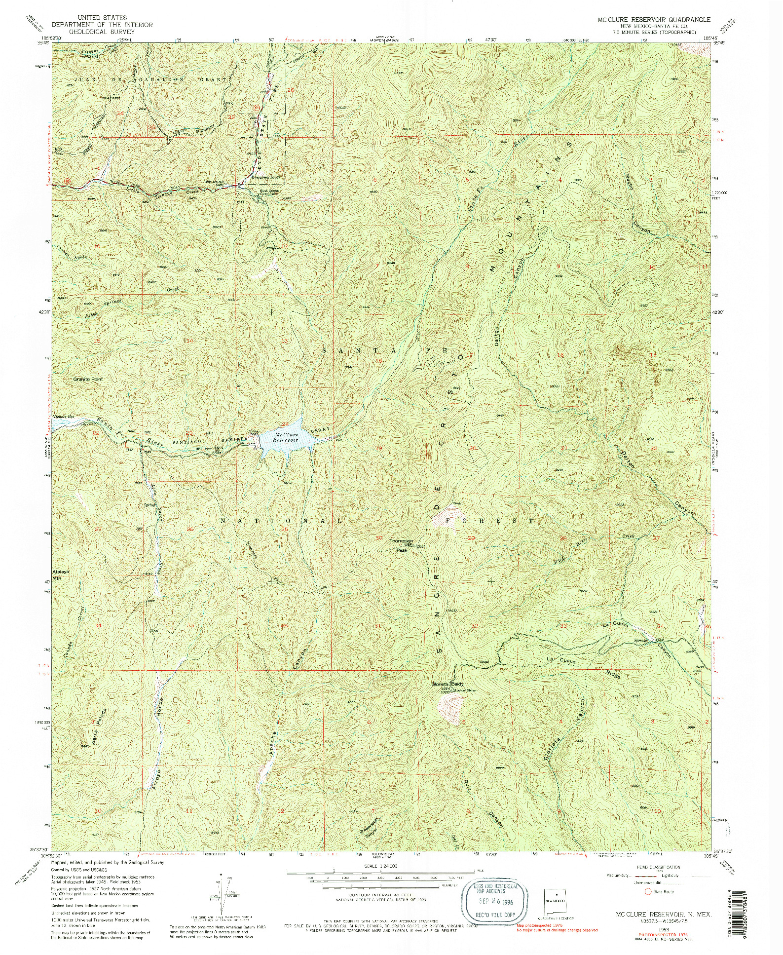 USGS 1:24000-SCALE QUADRANGLE FOR MC CLURE RESERVOIR, NM 1953