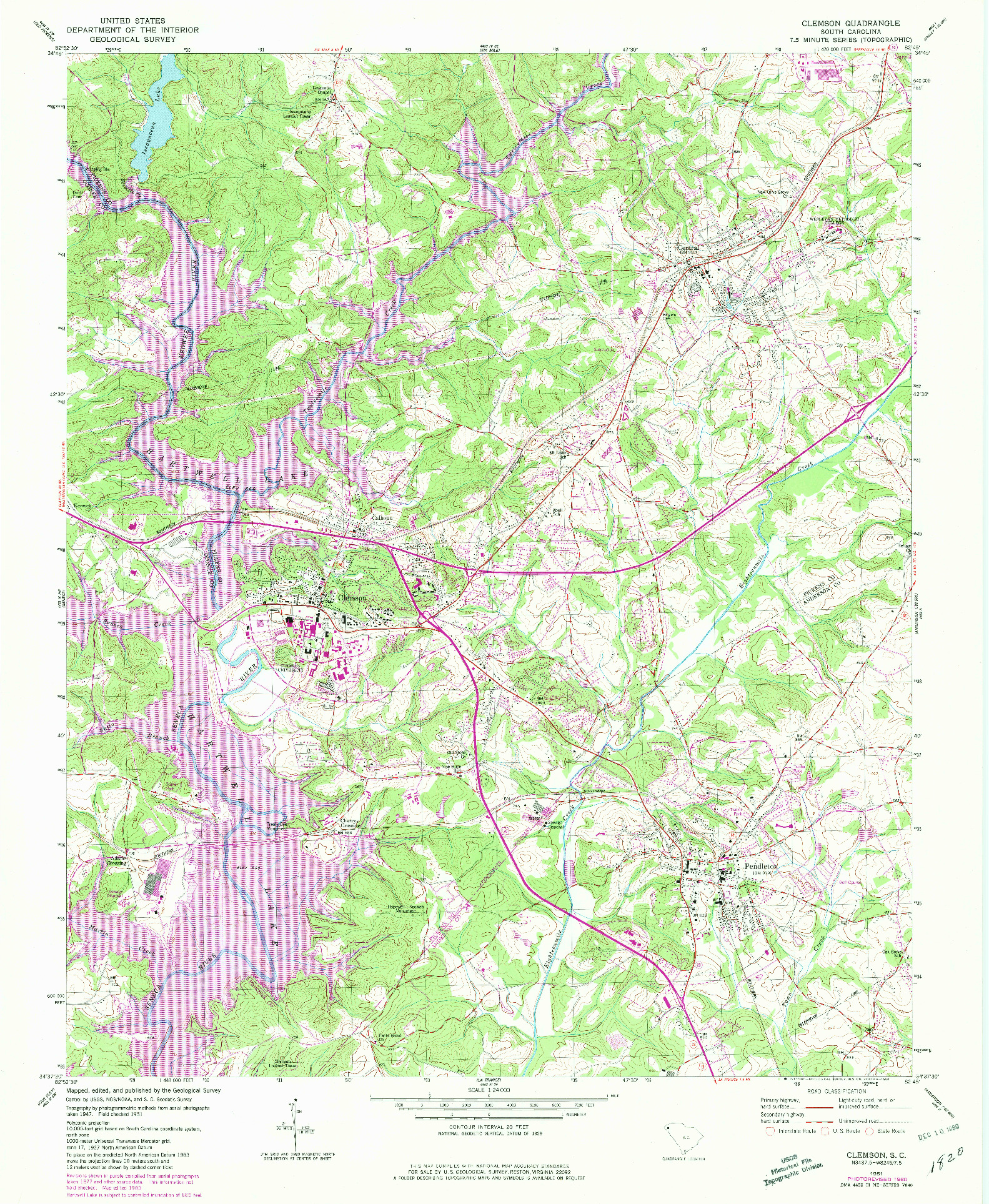 USGS 1:24000-SCALE QUADRANGLE FOR CLEMSON, SC 1951