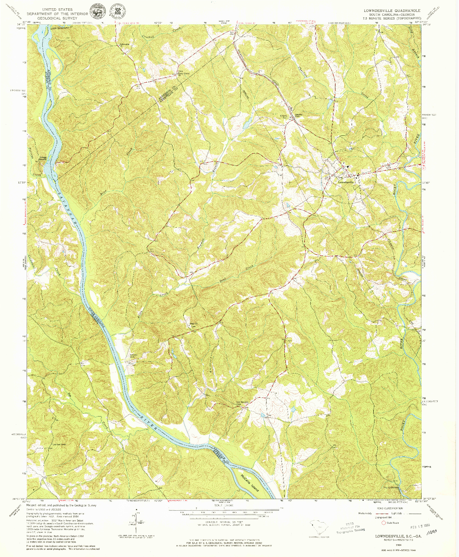 USGS 1:24000-SCALE QUADRANGLE FOR LOWNDESVILLE, SC 1964