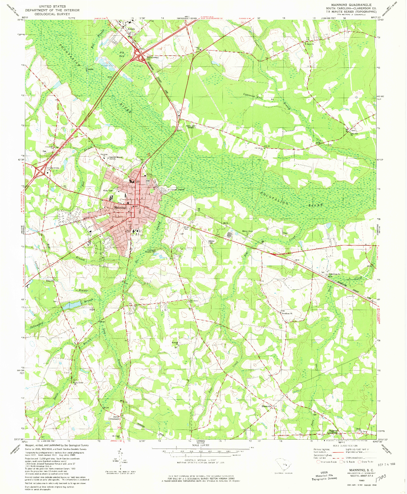 USGS 1:24000-SCALE QUADRANGLE FOR MANNING, SC 1980