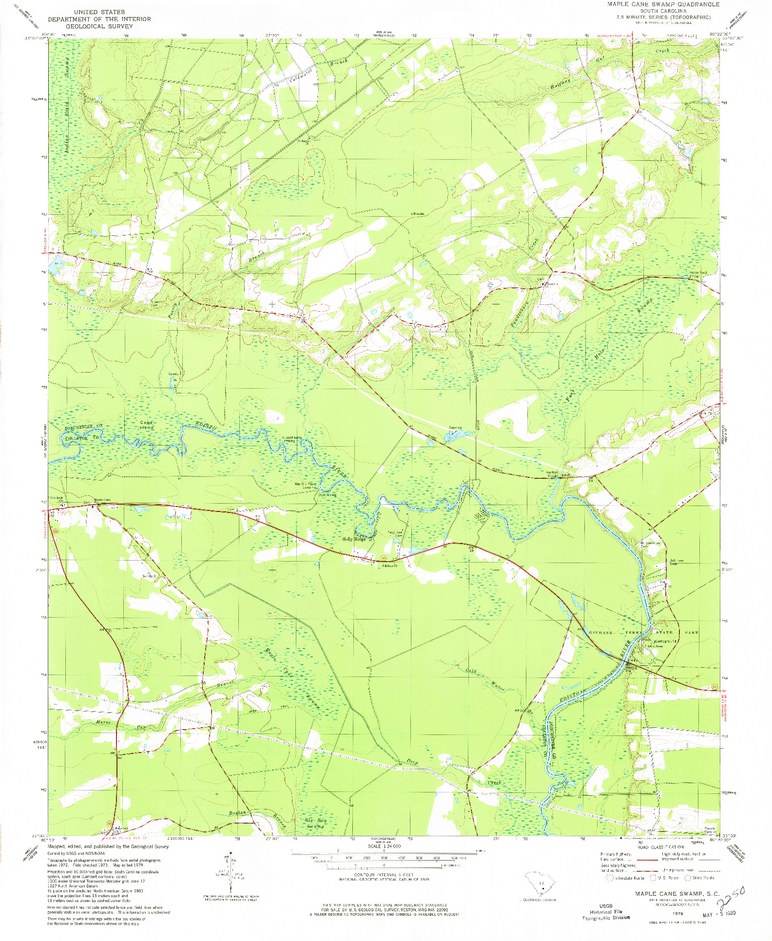 USGS 1:24000-SCALE QUADRANGLE FOR MAPLE CANE SWAMP, SC 1979
