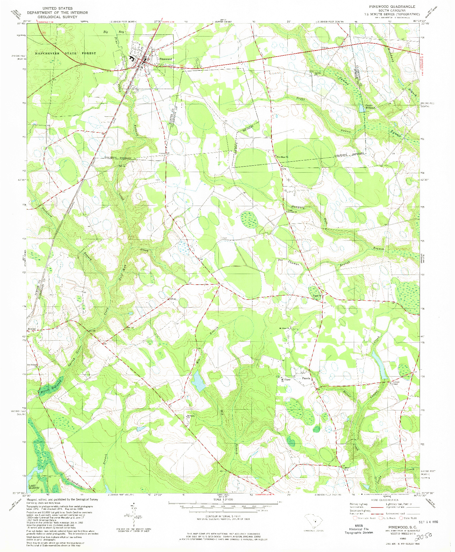 USGS 1:24000-SCALE QUADRANGLE FOR PINEWOOD, SC 1980