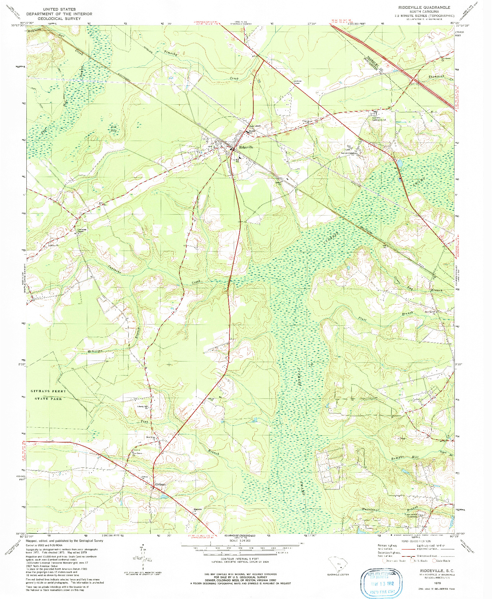 USGS 1:24000-SCALE QUADRANGLE FOR RIDGEVILLE, SC 1979