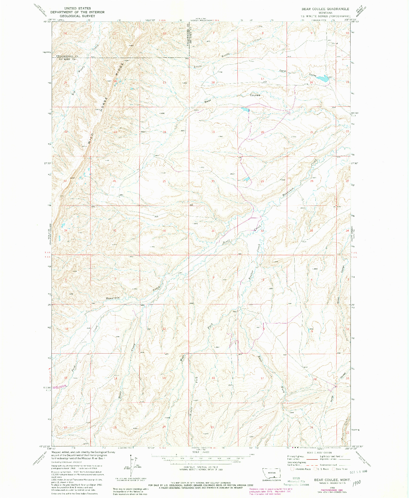 USGS 1:24000-SCALE QUADRANGLE FOR BEAR COULEE, MT 1968
