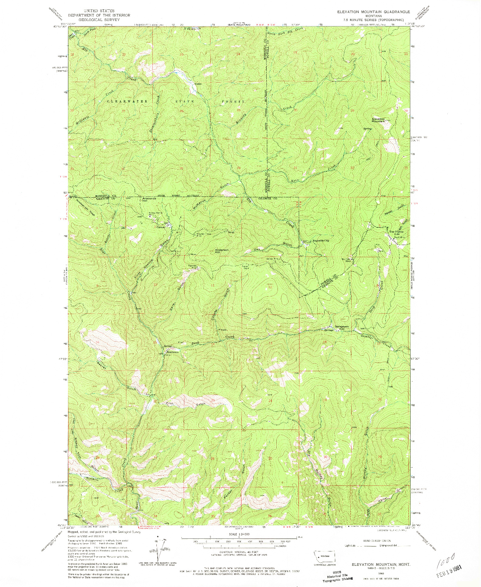 USGS 1:24000-SCALE QUADRANGLE FOR ELEVATION MOUNTAIN, MT 1965