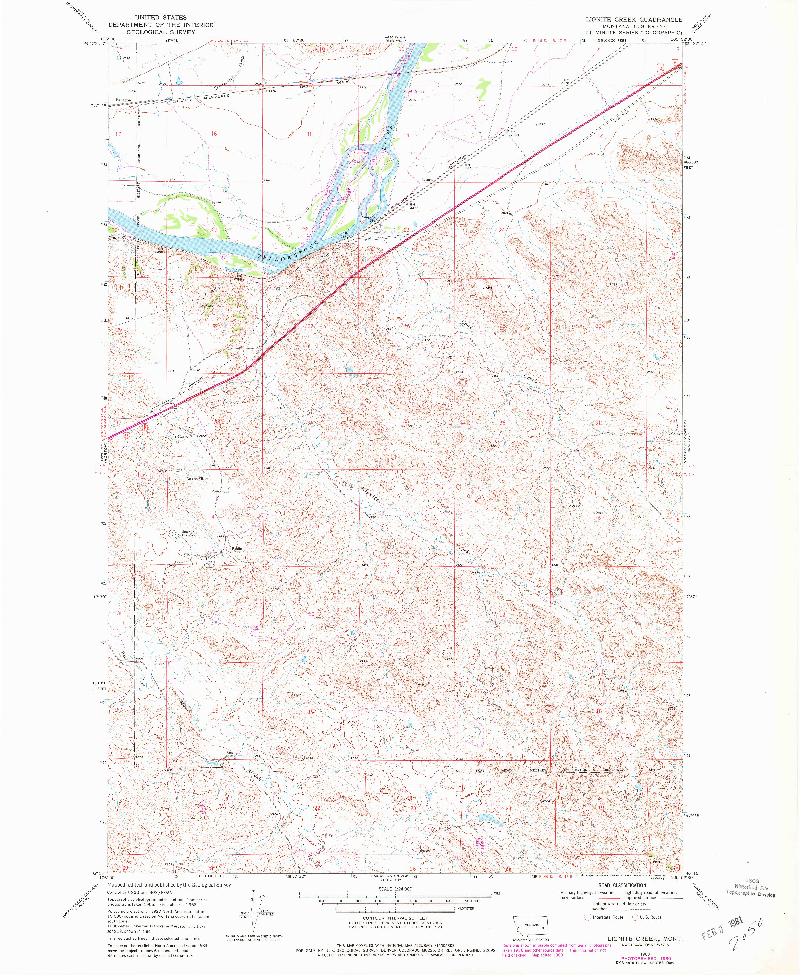 USGS 1:24000-SCALE QUADRANGLE FOR LIGNITE CREEK, MT 1968