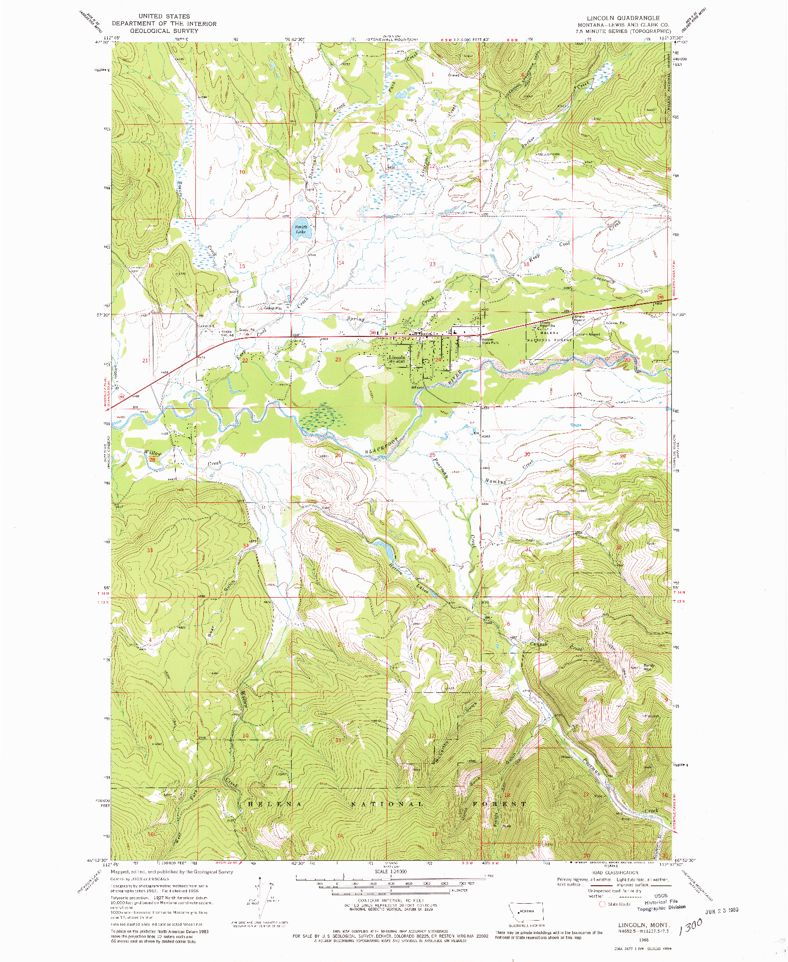USGS 1:24000-SCALE QUADRANGLE FOR LINCOLN, MT 1968