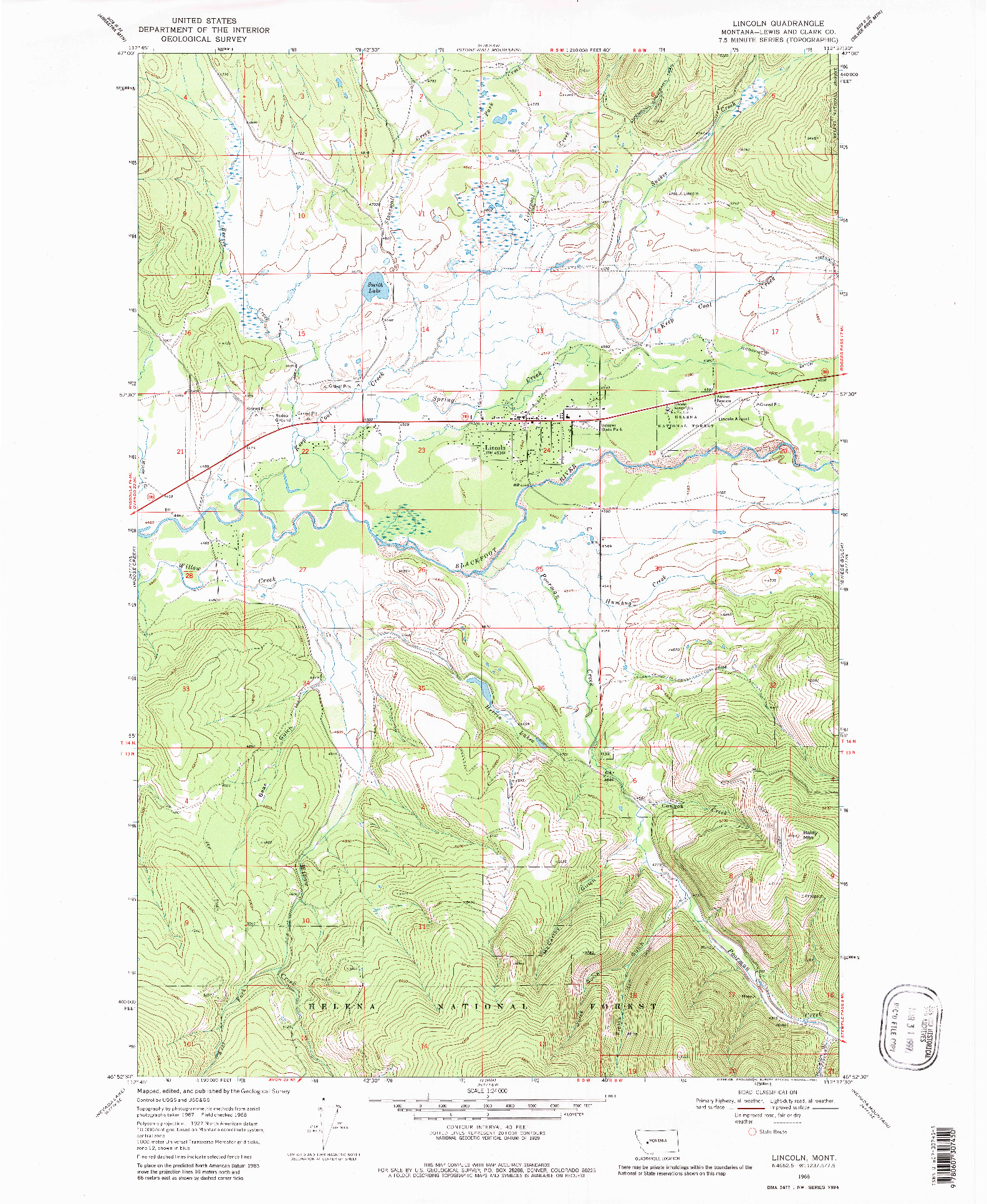 USGS 1:24000-SCALE QUADRANGLE FOR LINCOLN, MT 1968