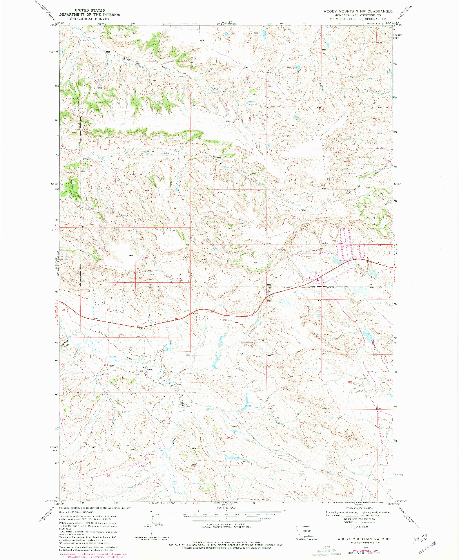 USGS 1:24000-SCALE QUADRANGLE FOR WOODY MOUNTAIN NW, MT 1969